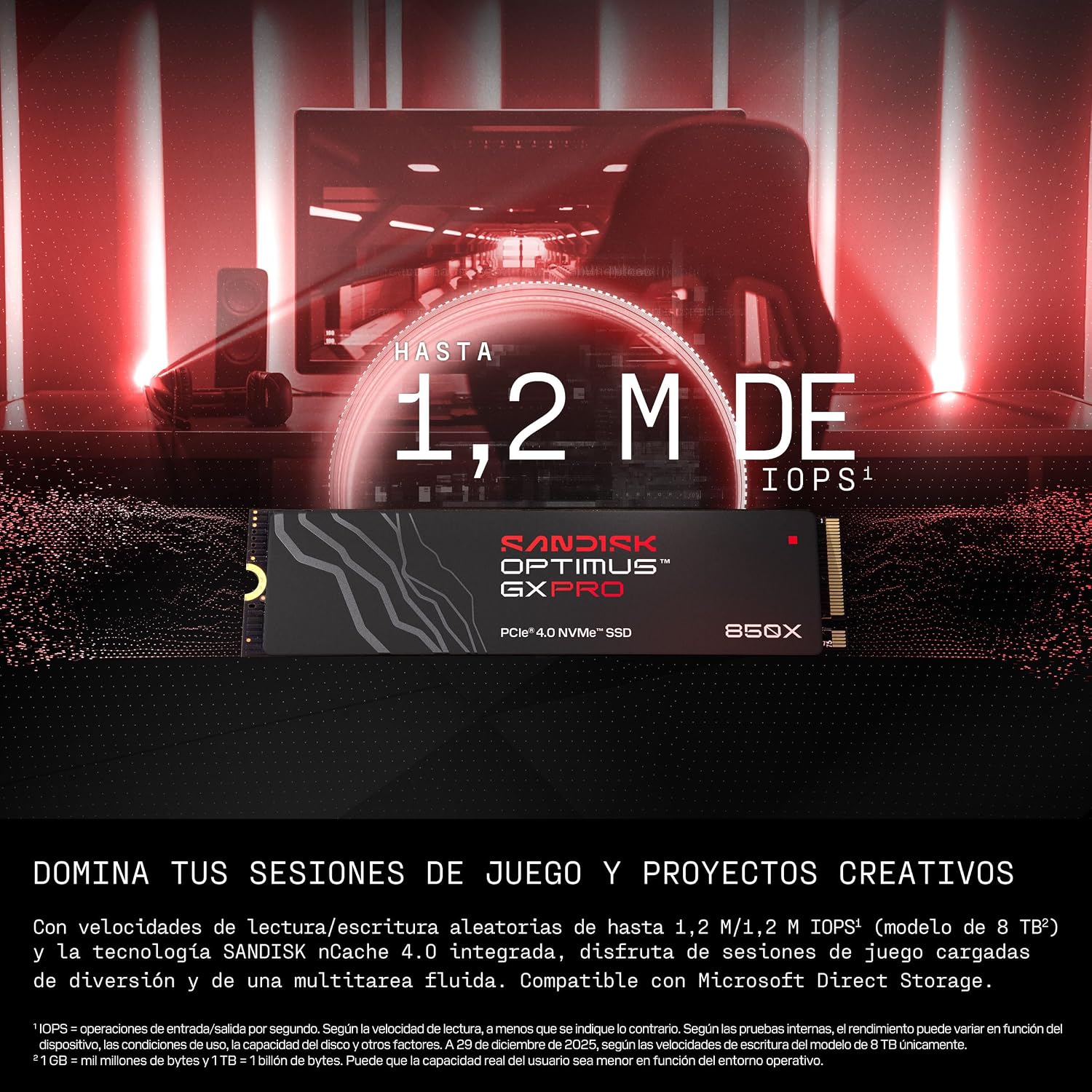 SANDISK Optimus GX PRO 850X NVMe SSD 1 TB (hasta 7300/6300MB/s velocidades de lectura/escritura secuencial, M.2 2280, PCIe 4.0) Almacenamiento de expansión para gaming, SSD interno de alto rendimiento 3