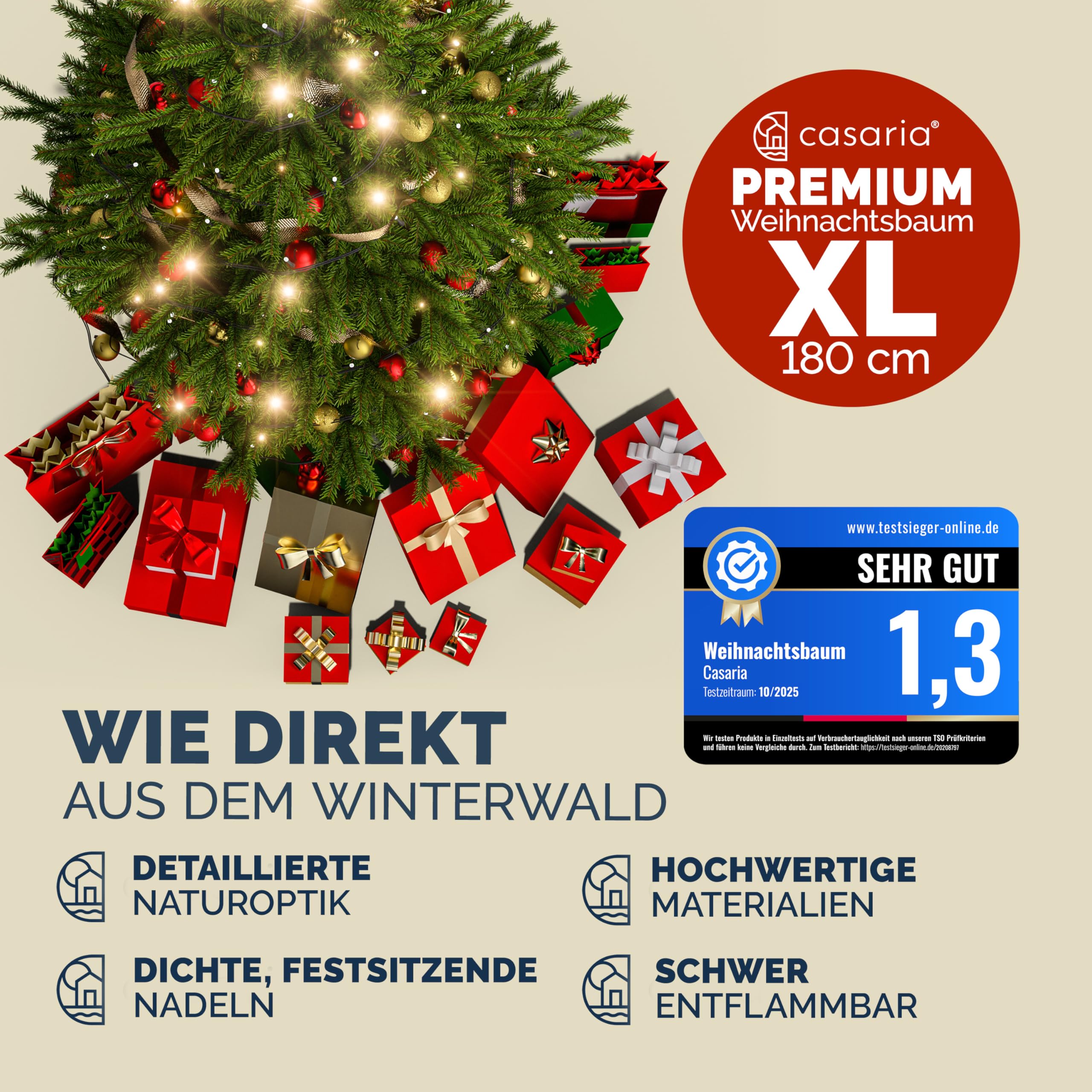 CASARIA® Premium Weihnachtsbaum künstlich XL 180 cm FSC®-Zertifiziert naturgetreu dichte Spitzen Stabiler Holzständer einfacher Aufbau Tannenbaum