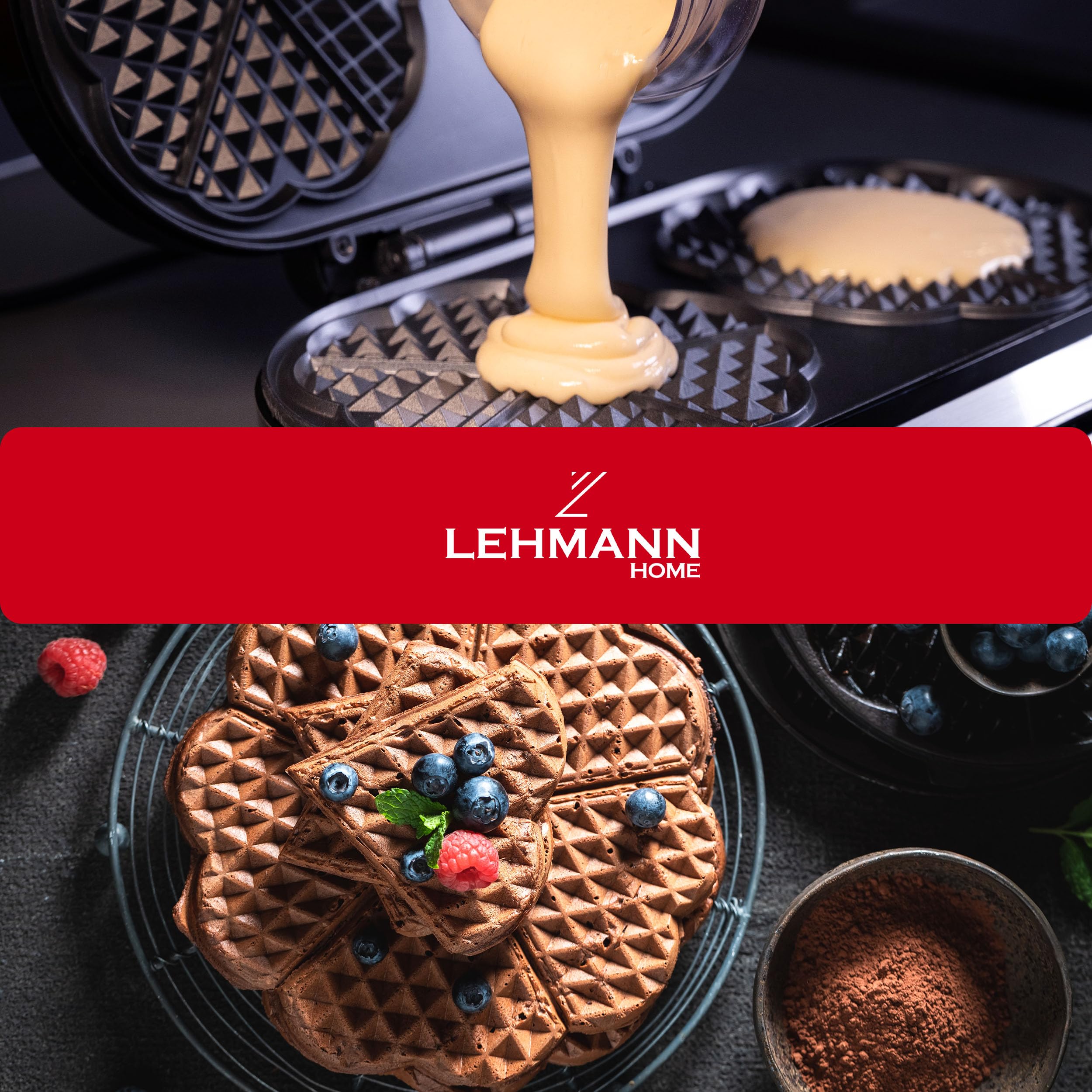 LEHMANN Gofrera Corazon Doble - Waffle Maker para 10 Gofres de Corazón Clásicos - Maquina de Gofres con 2 Superficies Antiadherentes - Control de Temperatura - 1200 W - Negro/Plateado