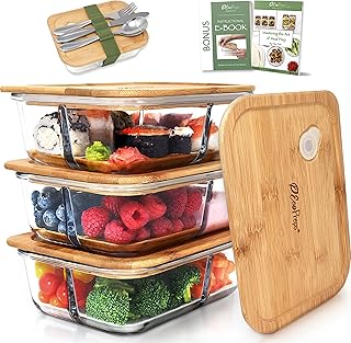 EcoPreps Glass Bento Box Containers with Bamboo Lids, 3 Compartment Glass Meal Prep Containers [3 Pack] - 100% Plastic Fre...