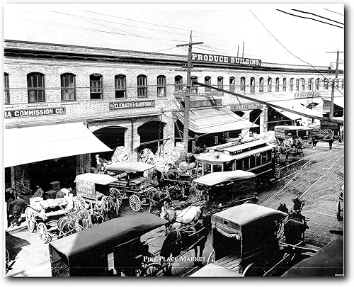 Póster vintage de ferrocarril Pike Place Market 1909 - Teleférico de la ciudad vieja en blanco y negro (16 x 20)