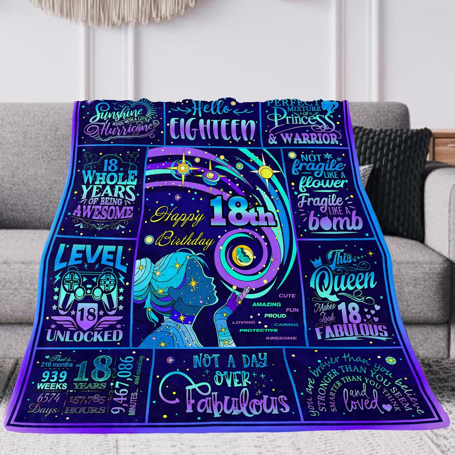 18th Birthday Gift for Girl, 18 Year Old Girl Birthday Throw Blanket, 50"x60", Purple, Flannel Fleece - Image 2
