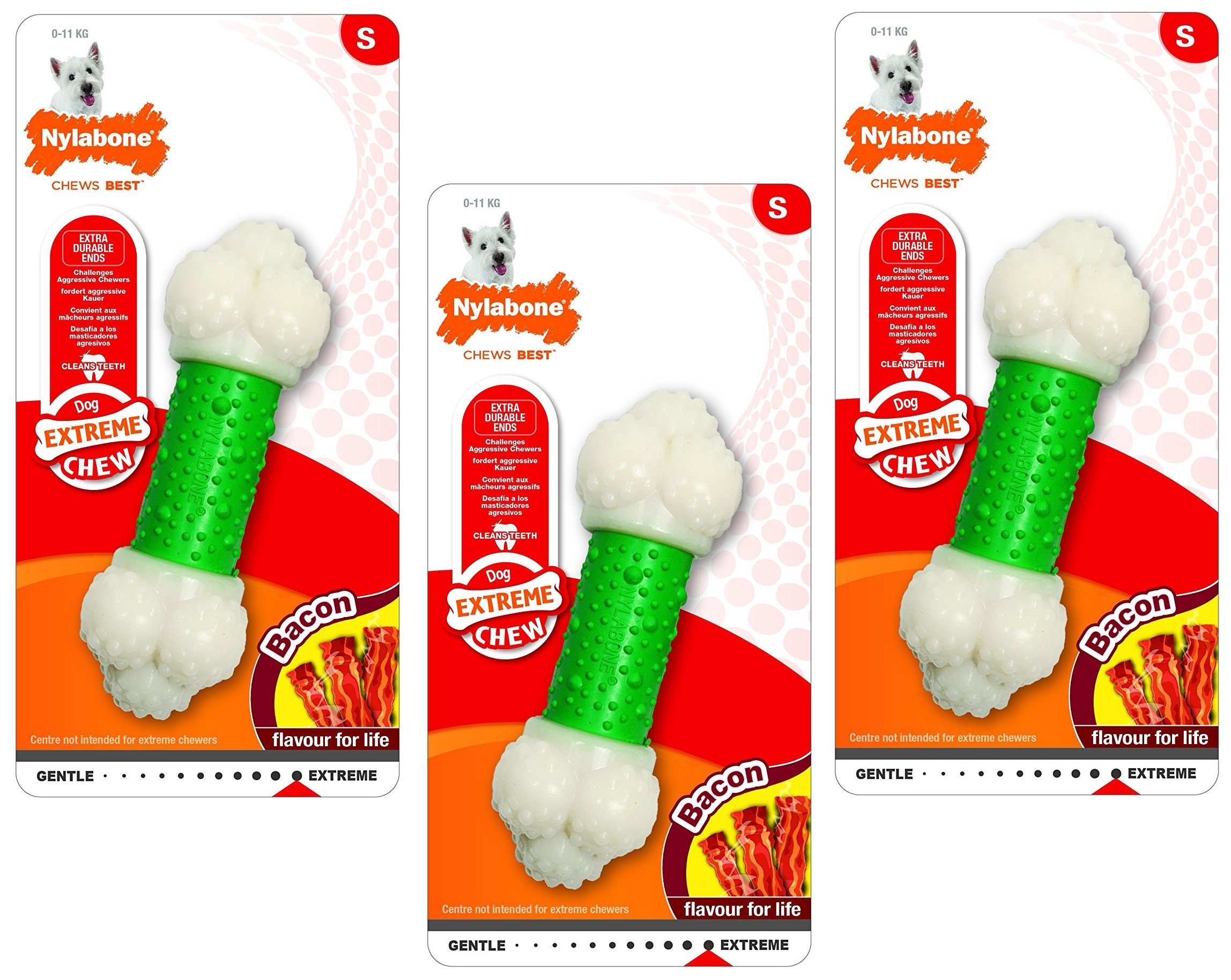 (3 Pack) Nylabone Dura Chew Bacon Flavored Double Action Chew Bones- Size Regular