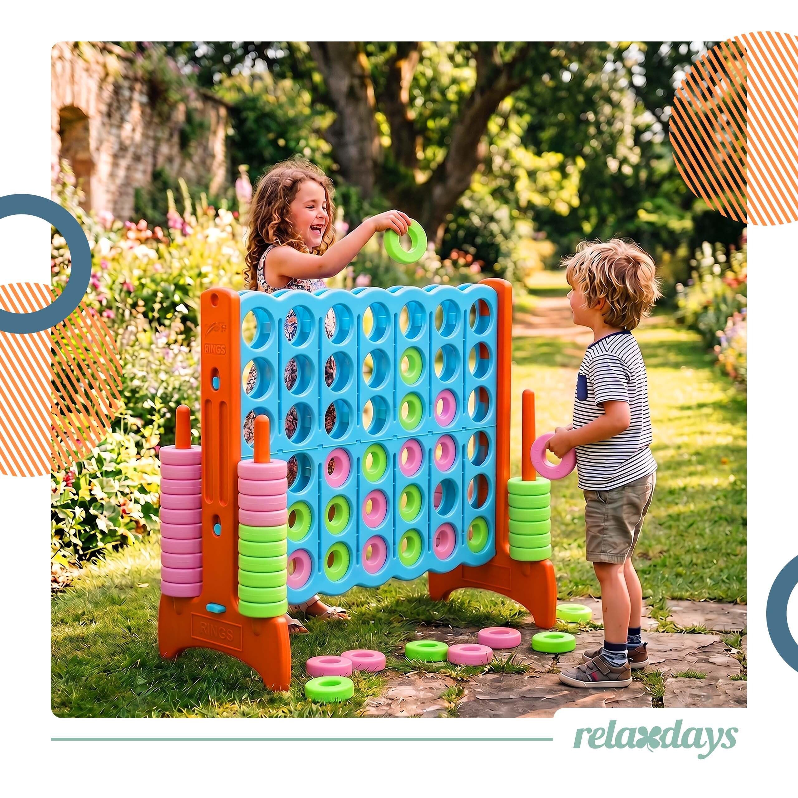 Relaxdays Vier Gewinnt XXL, Outdoor, Kinder & Erwachsene, hellblau/orange | HBT 110x120x55cm, Vier in einer Reihe, Tasche
