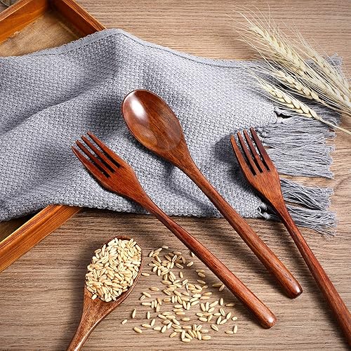 Miniatura 5 de Juego de cucharas de madera y tenedores que incluye cucharas de madera y tenedores de madera, juego de utensilios de madera japonesa, reutilizables,