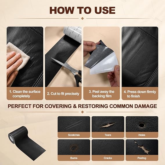 ONine Leather Repair Tape,Self Adhesive Leather Repair Patch,Leather Patches for Furniture,Sofa,Car Seats,Office Chair. Vinyl Repair Kit 3x60in (Black)