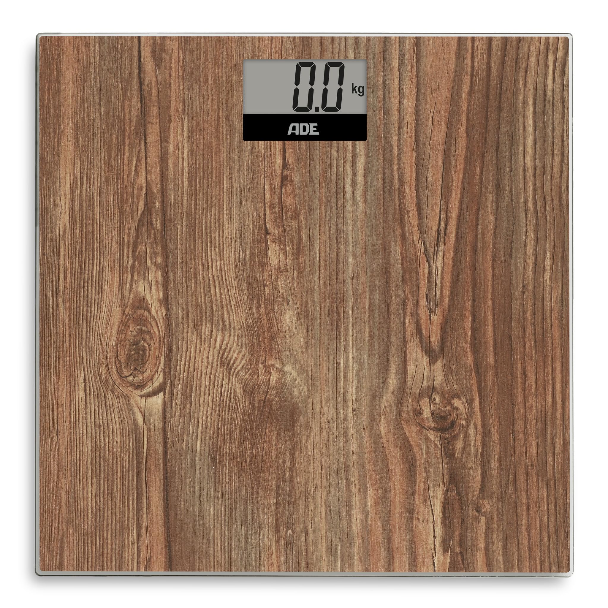 ADE Digitale Körperwaage in gemütlicher Holzoptik | großes Display | rutschhemmende Wiegefläche aus Sicherheitsglas | genaue Wiegeergebnisse