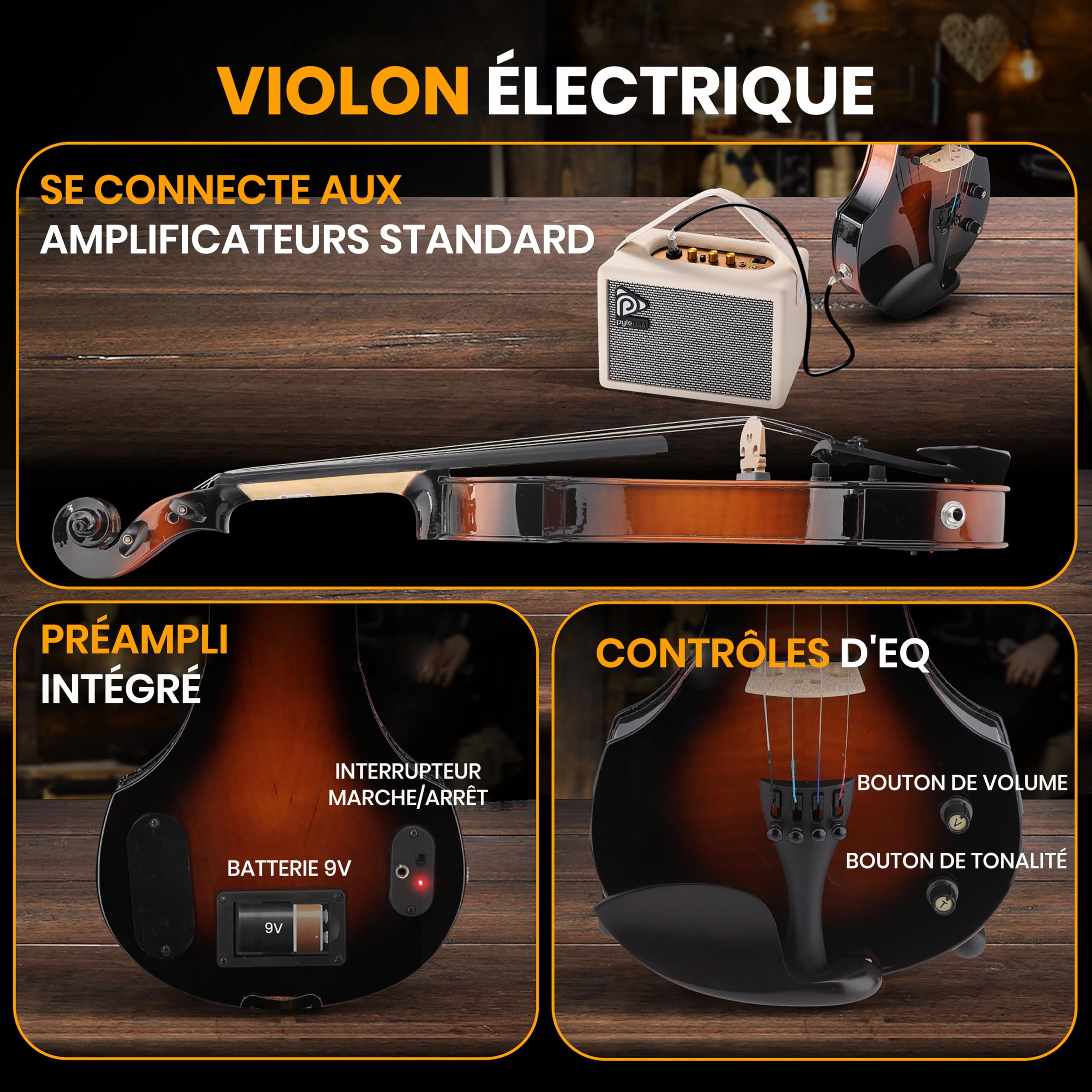Pyle Violon 4/4 Adulte Électronique Silencieux avec Kit Amplificateur – Violon en Bois Massif avec Amplificateur 10W et Accessoires Complets-Instrument à Cordes Orchestral Taille Complète