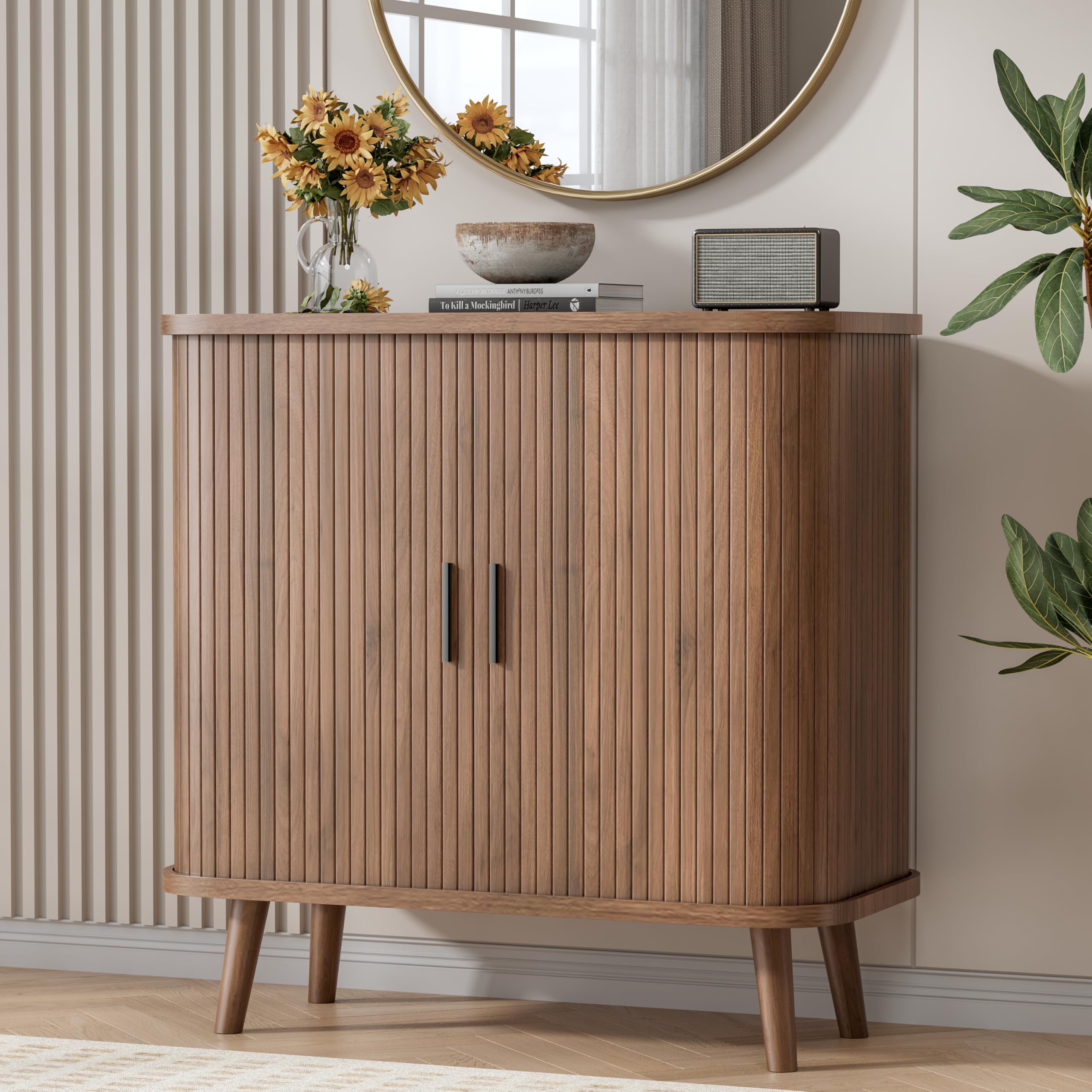 BORNOON Buffet Cabinet with Storage, Curved-Edge Fluted Storage Cabinet Sideboard, Modern Walnut Sideboard Buffet with Adjustable Shelves &amp; Sliding Door for Dining Room, Kitchen, Entryway