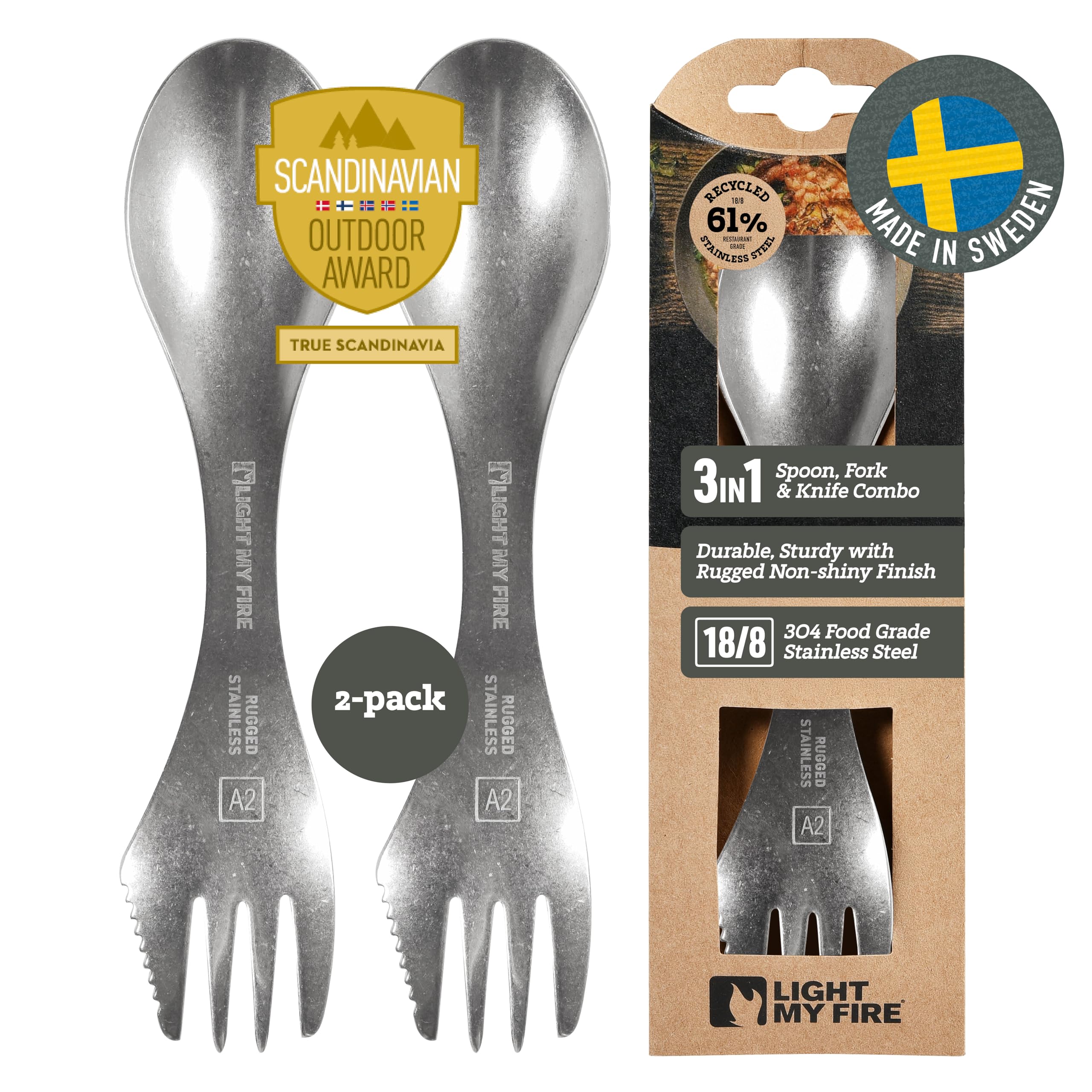 Light My Fire Stainless Steel Spork 3-in-1 Camping Cutlery Knife Fork Spoon – Spork Stainless 2 Pack