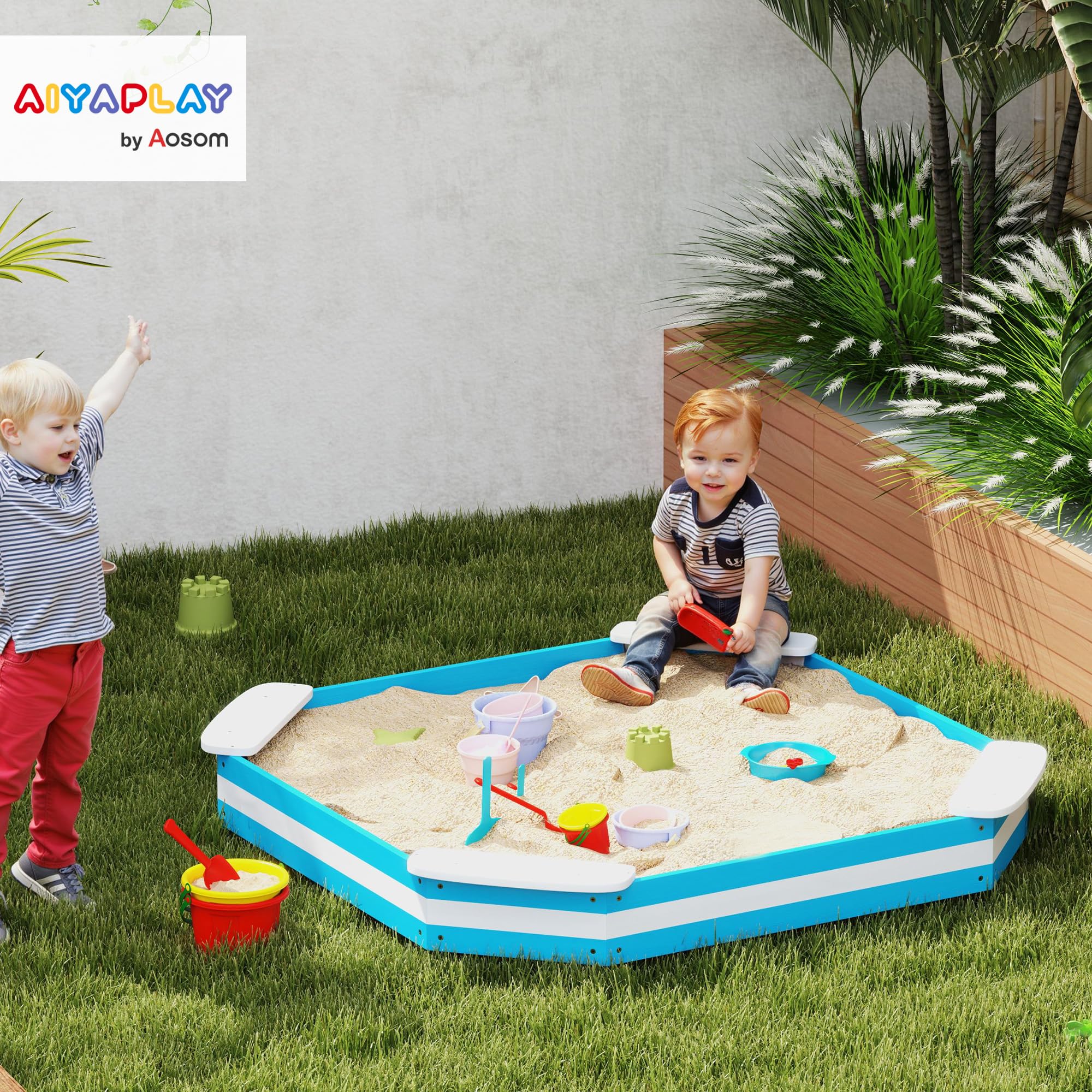 AIYAPLAY Arenero para Niños de +3 Años Arenero Infantil Cuadrada con 4 Asientos para Exterior 133x133x16 cm Azul y Blanco