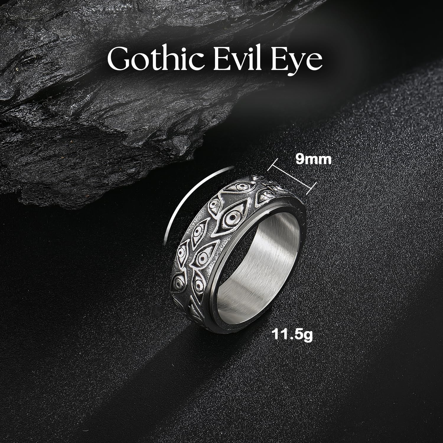 Gothic Evil Eye of God Rings,Stainless Steel Vintage Black Engraved Spinner Rings Fidget Band Stress Relieving Anxiety Jewelry Gifts for Men