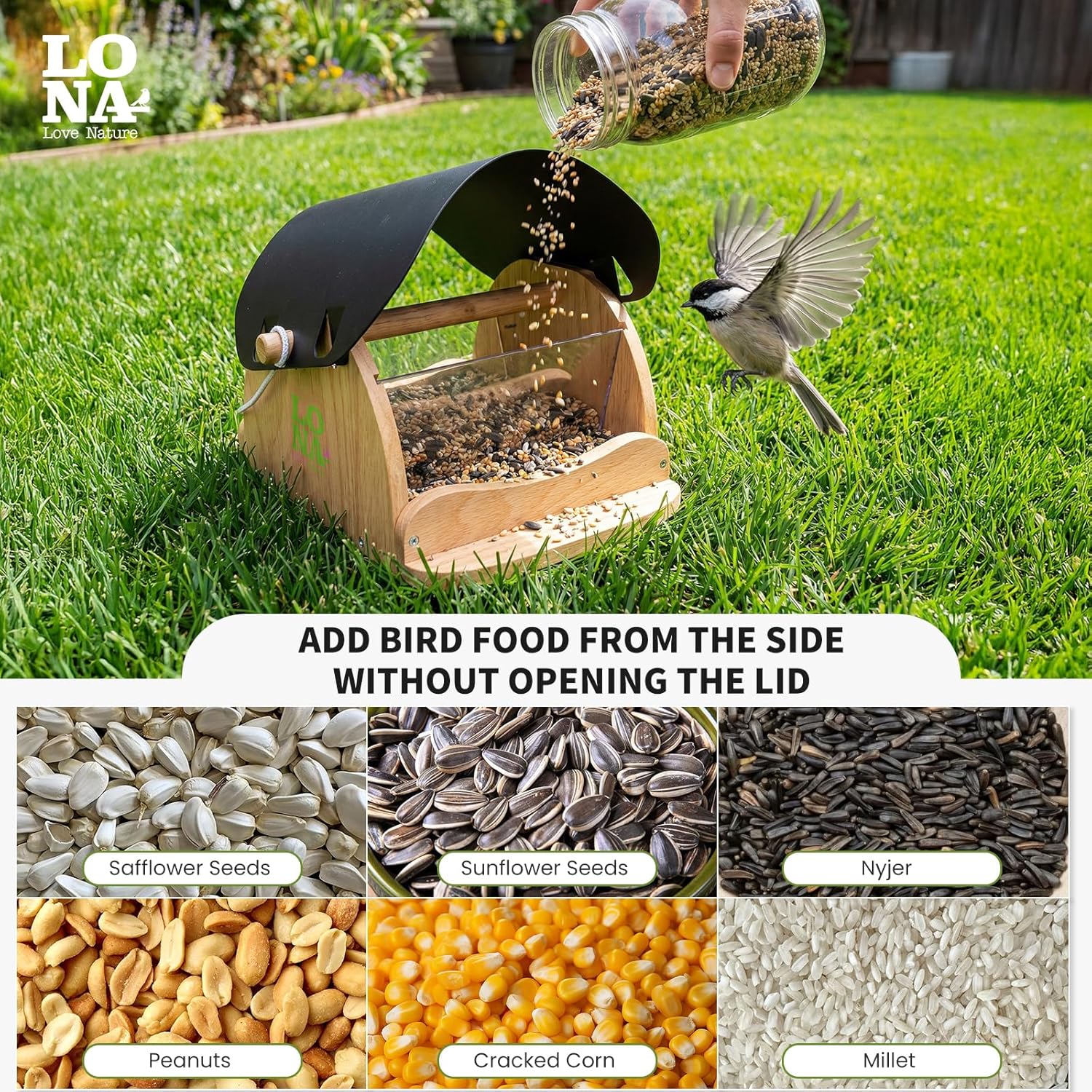 LONA Wooden Bird Feeder for Outdoors Hanging, Large Capacity Hopper with Weatherproof Roof Birdfeeder for Feeding Outside Garden Wild Birds Cardinals Finches Robin Sparrow Blue Jay Chickadees