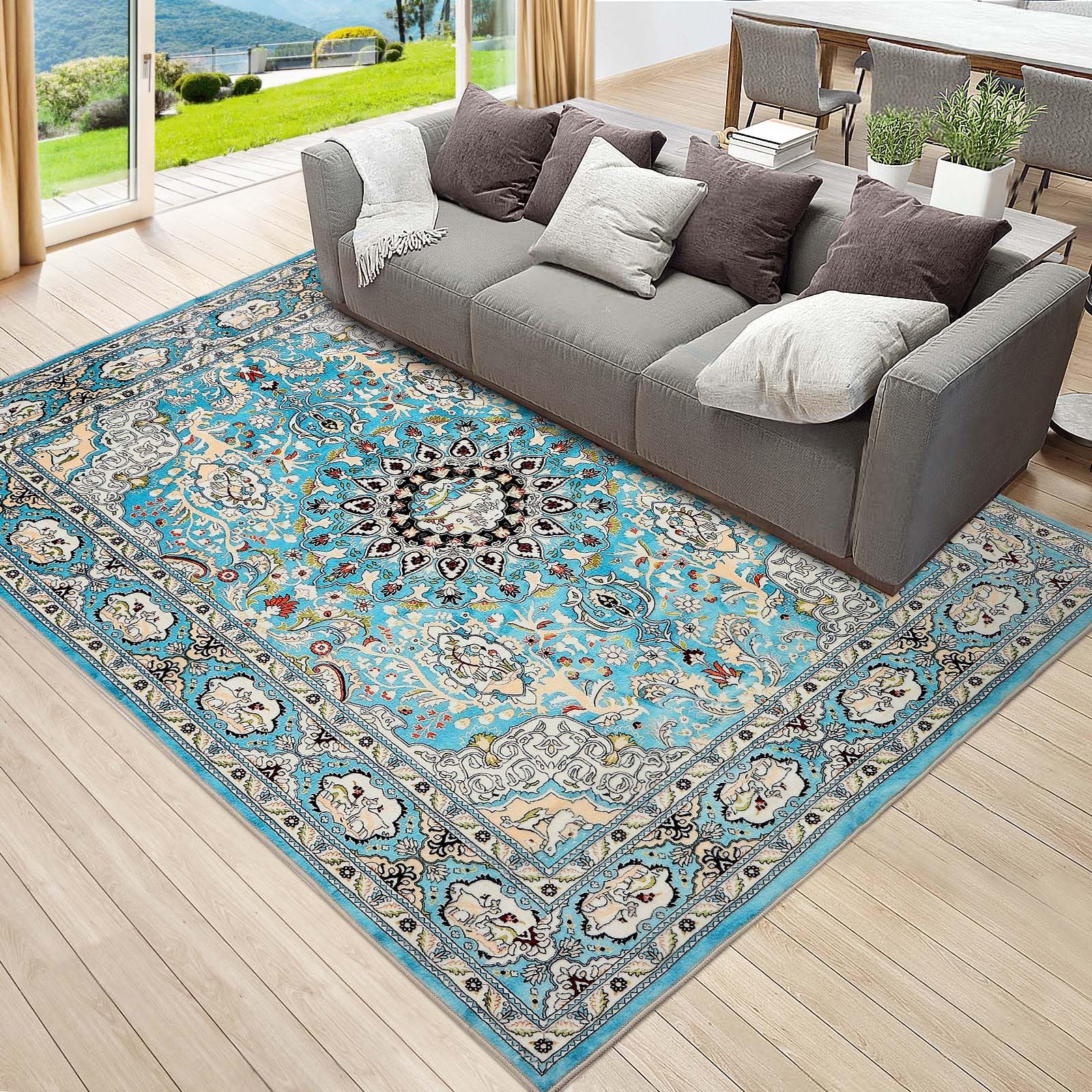 Area Rugs - Living Room Rugs Traditional Rugs for Bedroom Large Area Rug Hallway Extra Large Size Short Pile Flat Weave Rug 4ft x 5.3ft, Teal, 301-02120