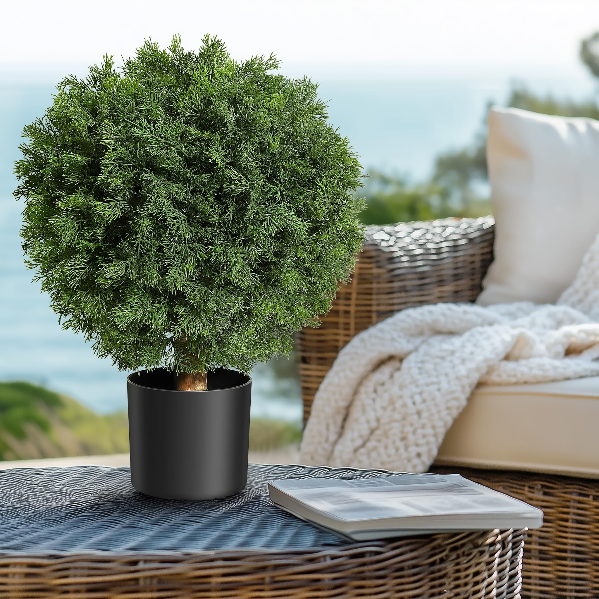 Garveehome Black Planter Uv Resistant Realistic Cedar Topiary Ball Trees – 2 Pack 24'' Artificial Shrubs With Pots – Faux Evergreen Plants For Home, Porch, Garden, Indoor & Outdoor Decoration – Decorative Entryway
