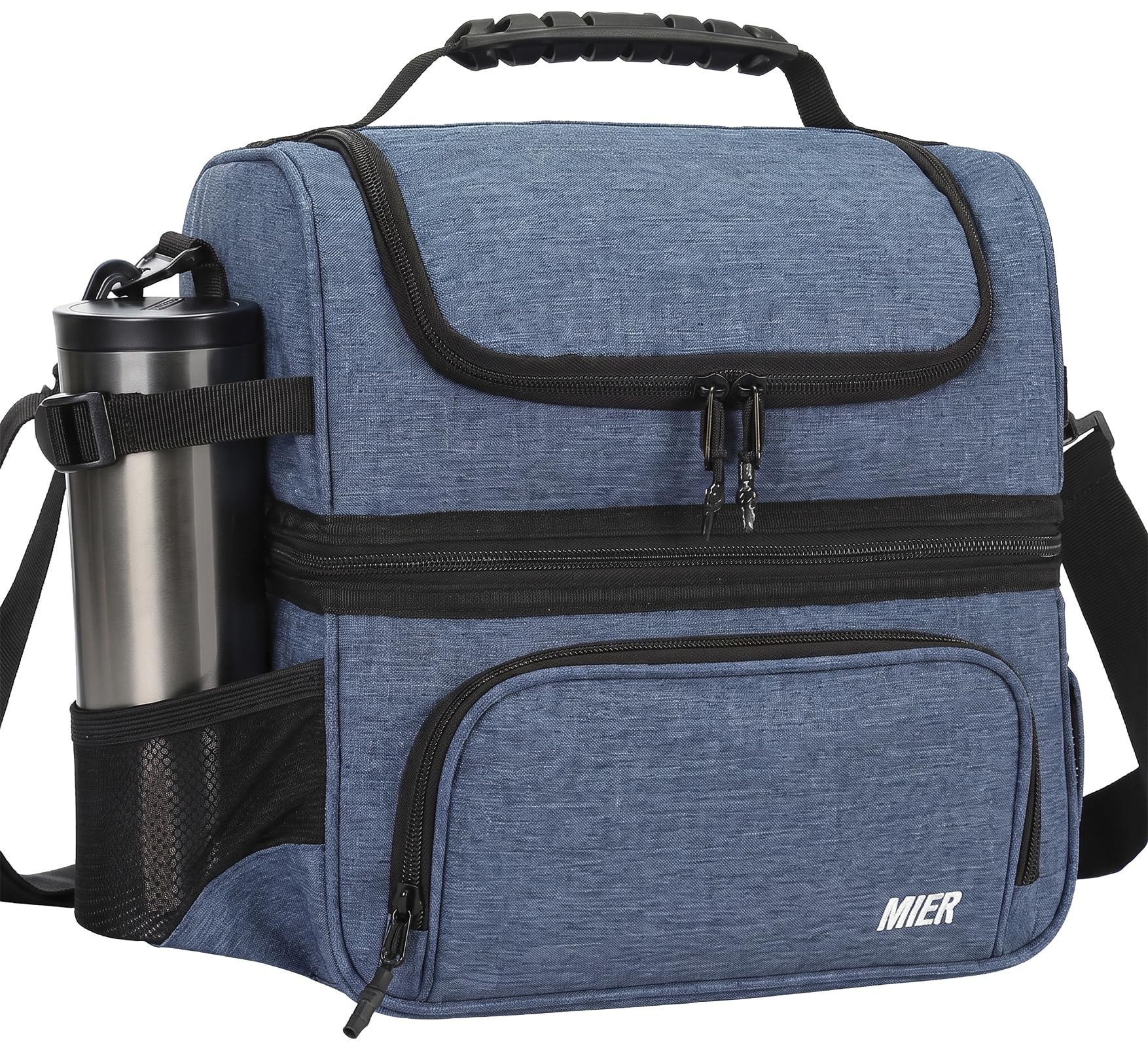 MIER Sac à déjeuner isotherme à double compartiment avec bandoulière pour homme et femme Bleu acier