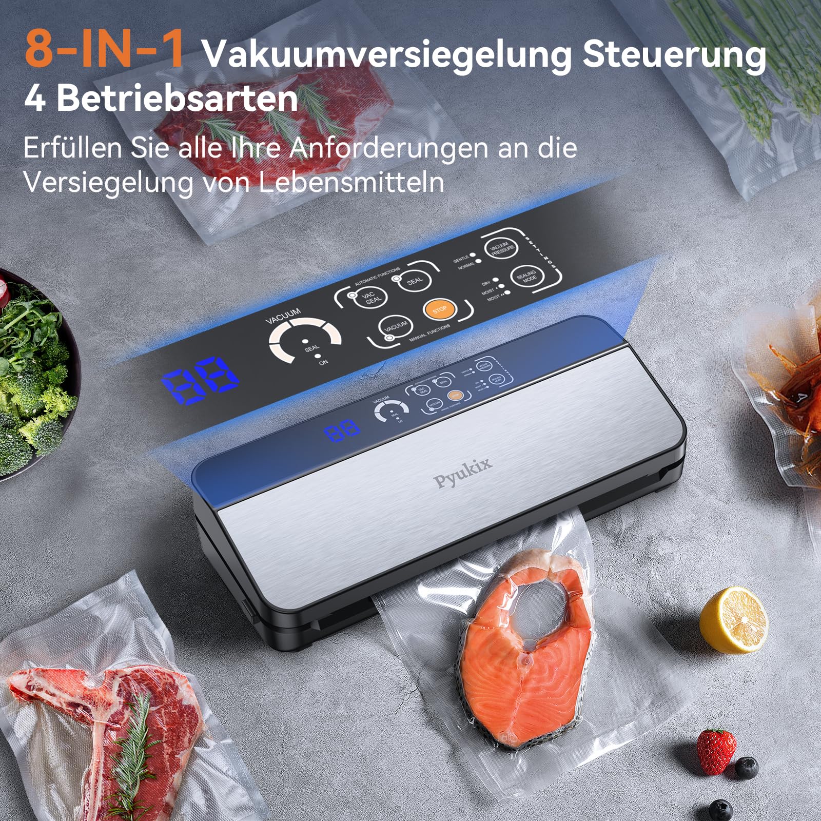 Vakuumiergerät 8-in-1 80 KPA Lebensmittel Trocken-/Feuchtmodus mit Cutter und Beutelaufbewahrung