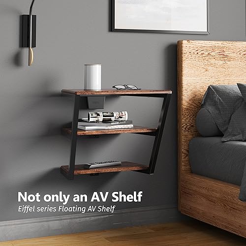 Miniatura 15 de FITUEYES Estantes de pared flotantes de diseño, centro de entretenimiento, estante de madera para medios AV, estante de DVD con marco de acero de