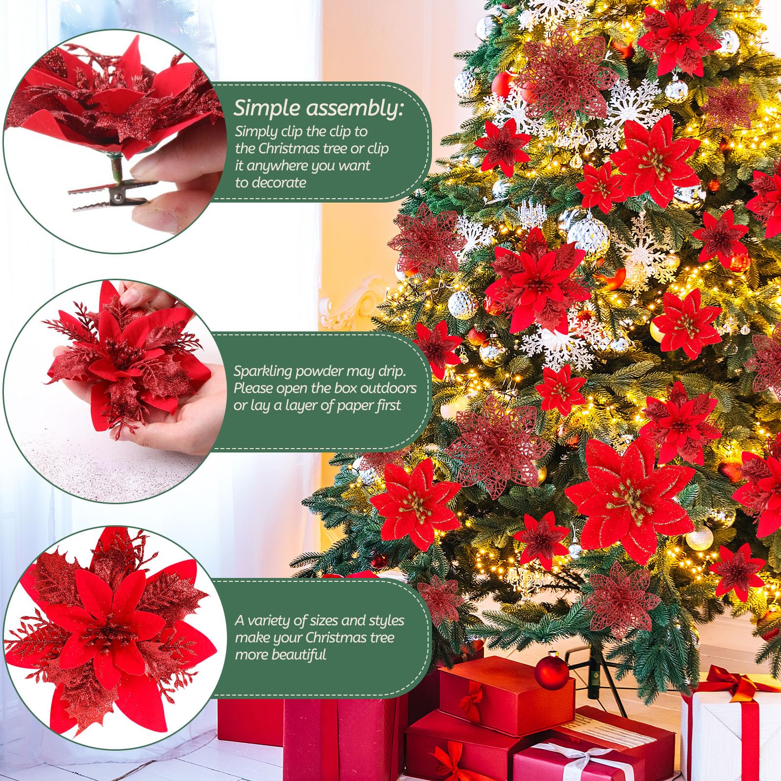 Amazon｜Zeyune クリスマスフラワー グリッター ポインセチアフラワー
