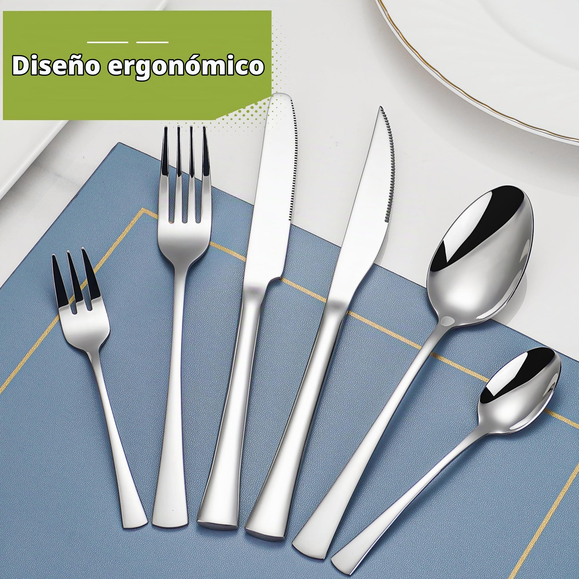 HI NATURE™ Juego de cubertería para 6 personas, 36 piezas, con cuchillo de carne, acero inoxidable 18/0, acabado brillante, incluye cuchillo, tenedor, cuchara y tenedor para tartas, apto para