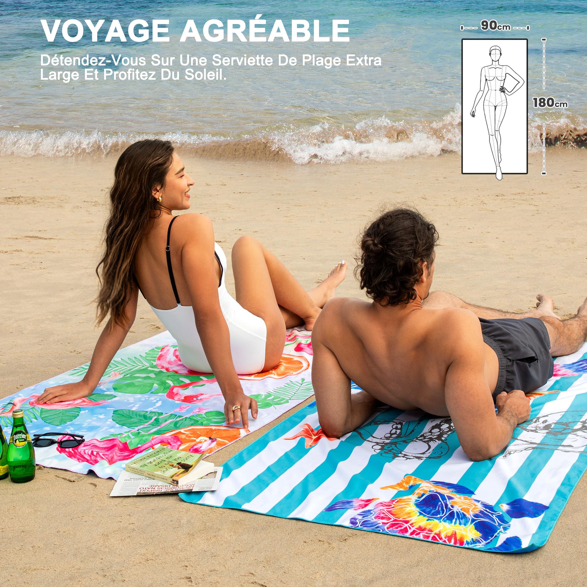 Winthome Serviette de Plage à Impression Écologique Recto Verso sans Eau, Drap de Plage Microfibre à Séchage Rapide, Légère, Anti-Sable, pour Plage, Piscine, Camping, avec Sac, Oeko(180x90cm,1 Pièce)