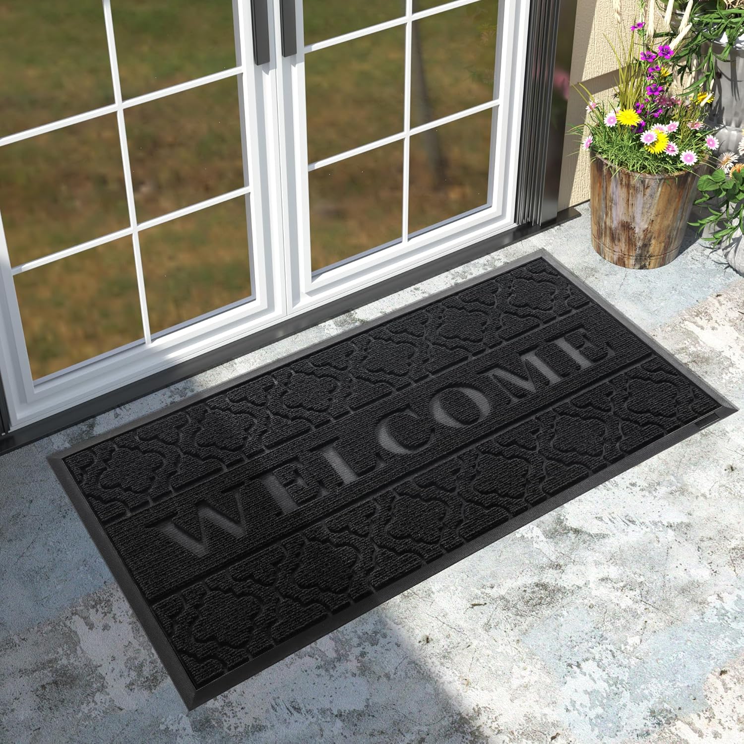 Yimobra Welcome Mat Outdoor Indoor, 47x24 All-Season Waterproof Front Door, All-Weather Heavy Duty Doormat, Low Profile Porch Patio Entrance, Non Slip Outside, Black