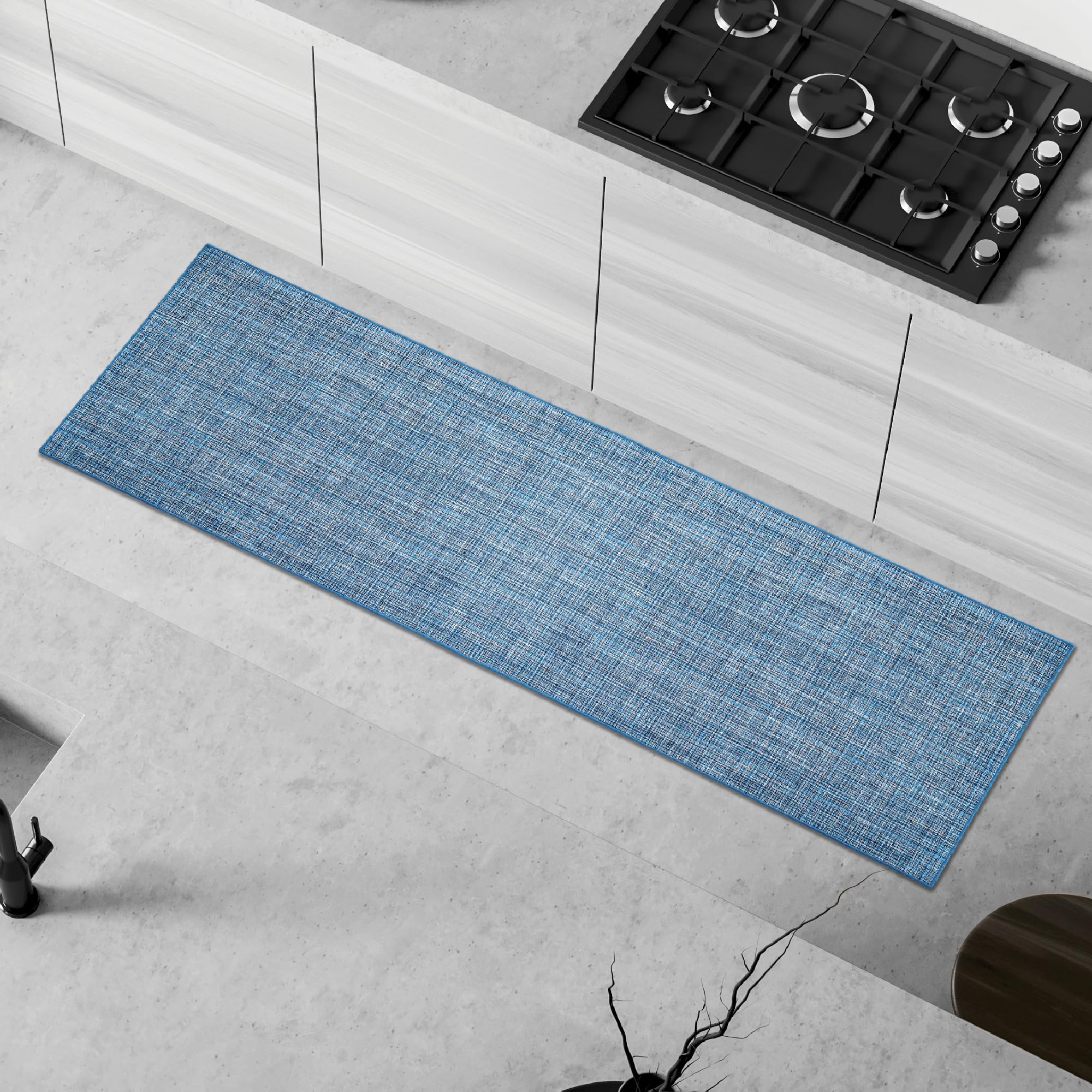 Comart, Alfombra de Cocina con Base Antideslizante de Goma, fácil de Limpiar, Absorbente, de poliéster Trenzado súper Resistente, Moderna para Pasillo, Color Azul, 50 x 180 cm