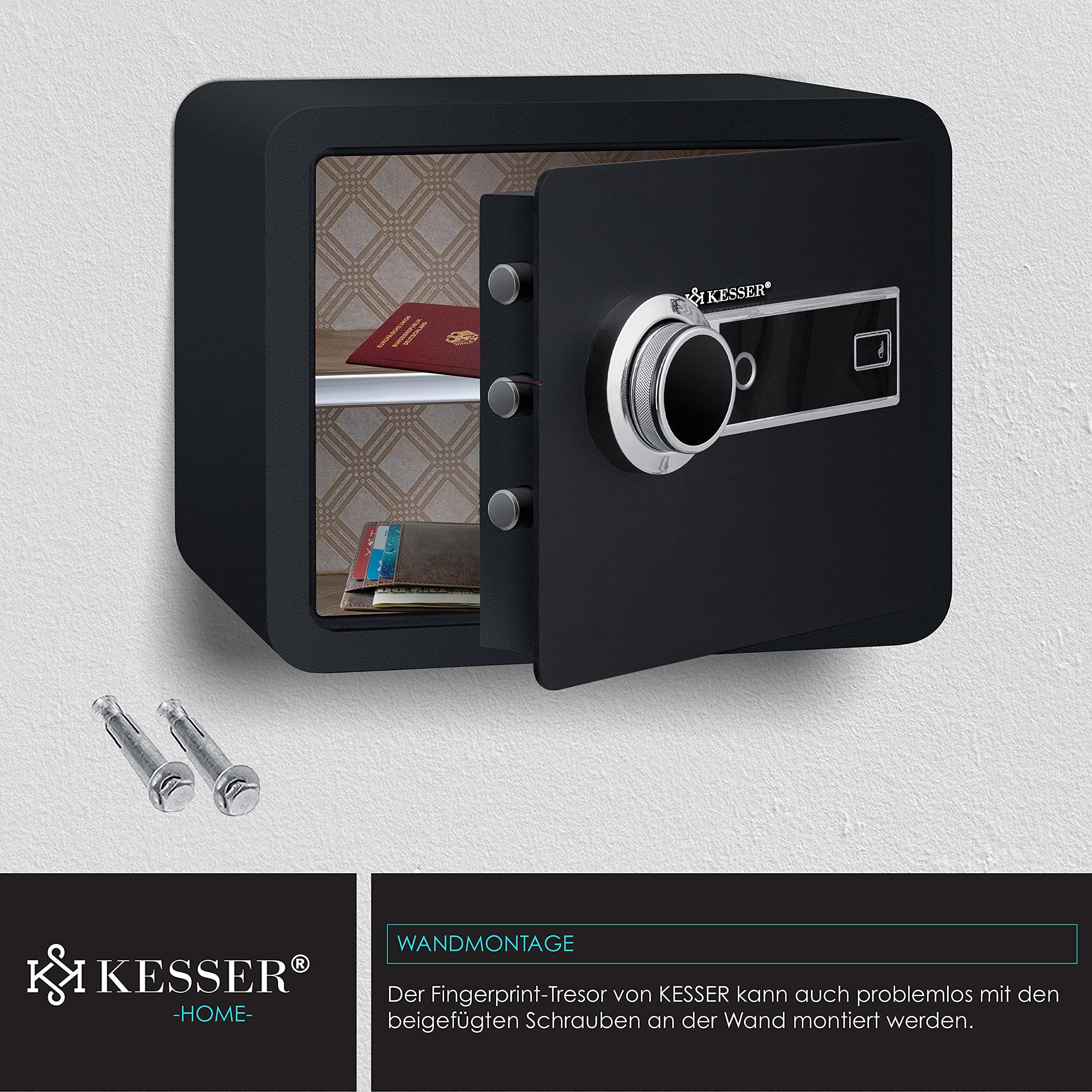 KESSER® Coffre-fort électrique avec empreinte digitale | 38x30x30cm | Boîte à piles incluse | Coffre-fort électronique 3x double verrouillage à boulons - Noir - L