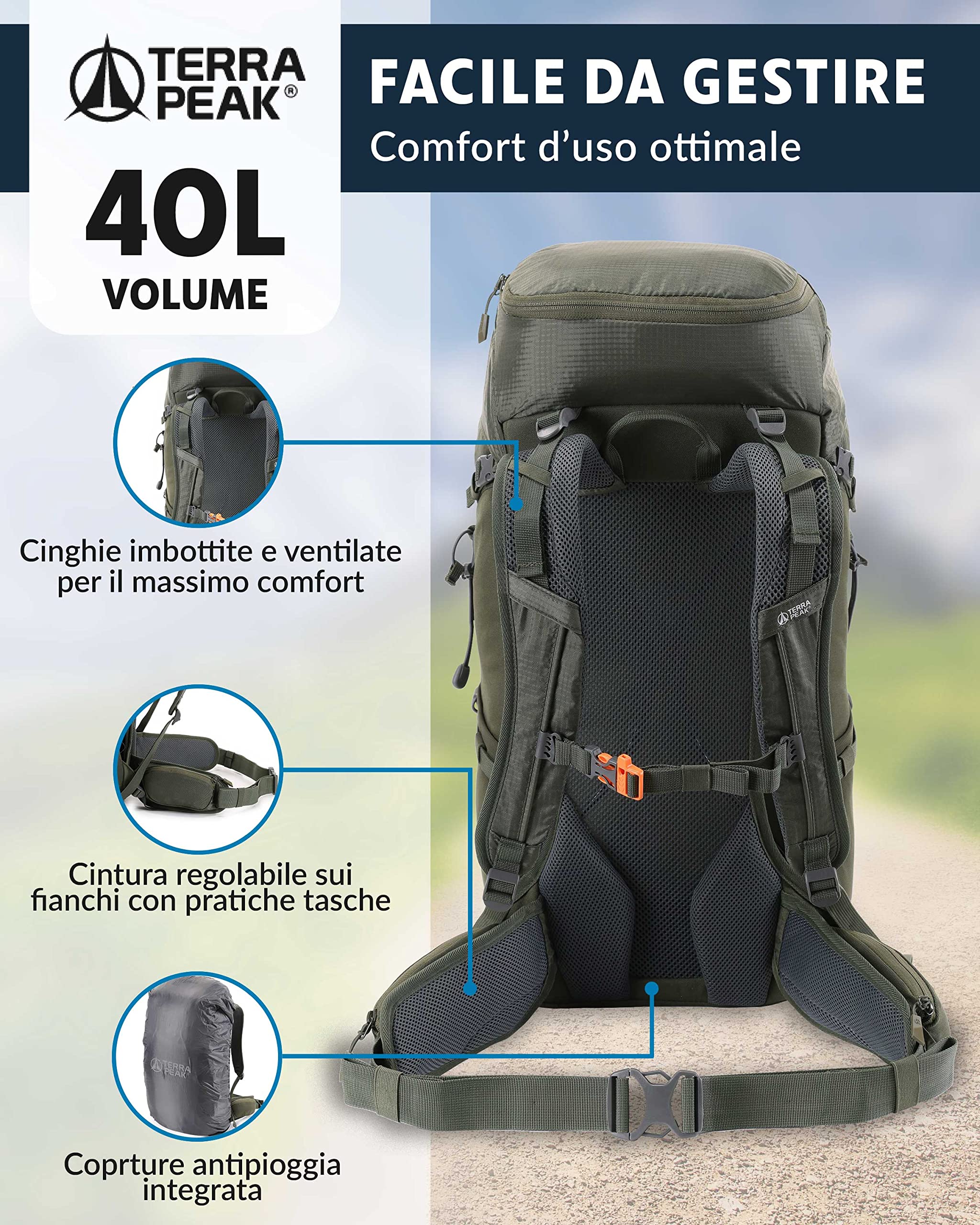 Terra Peak® Zaino da Trekking 20, 30, 40 litri per uomo e donna (AIRANT) - Zaino da escursionismo, viaggio e alpinismo ergonomico e impermeabile con ventilazione posteriore (traspirante)