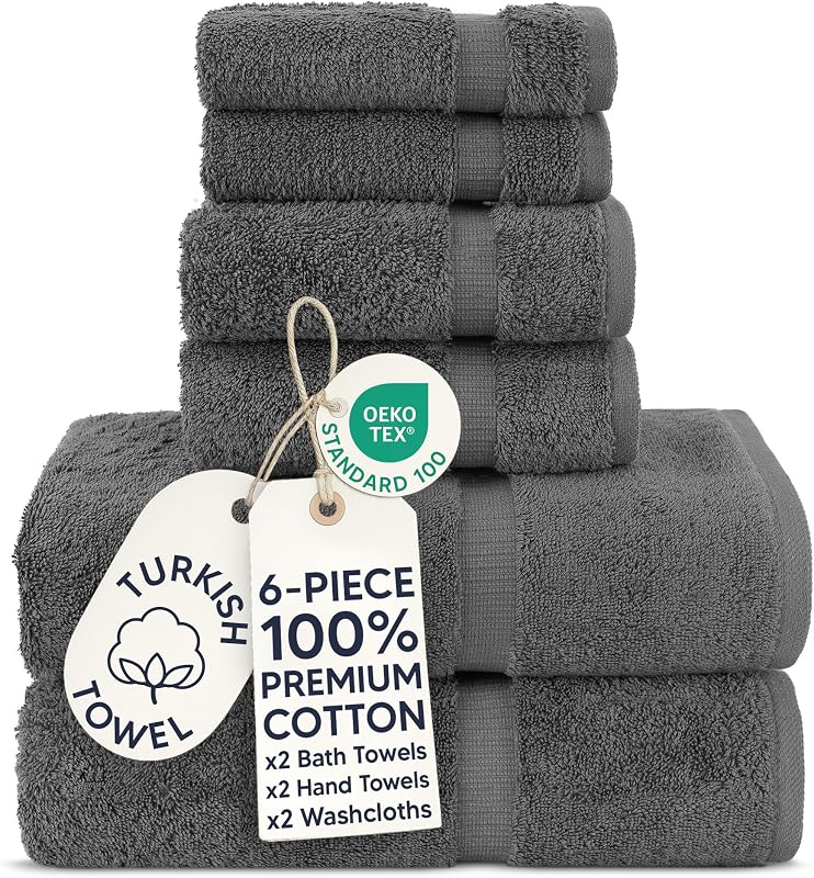 Chakir Turkish Linens |Hotel & Spa Quality 100% Cotton Premium Turkish Towels | Soft & Absorbent (Dark Gray, 6-Piece Towel Sets)