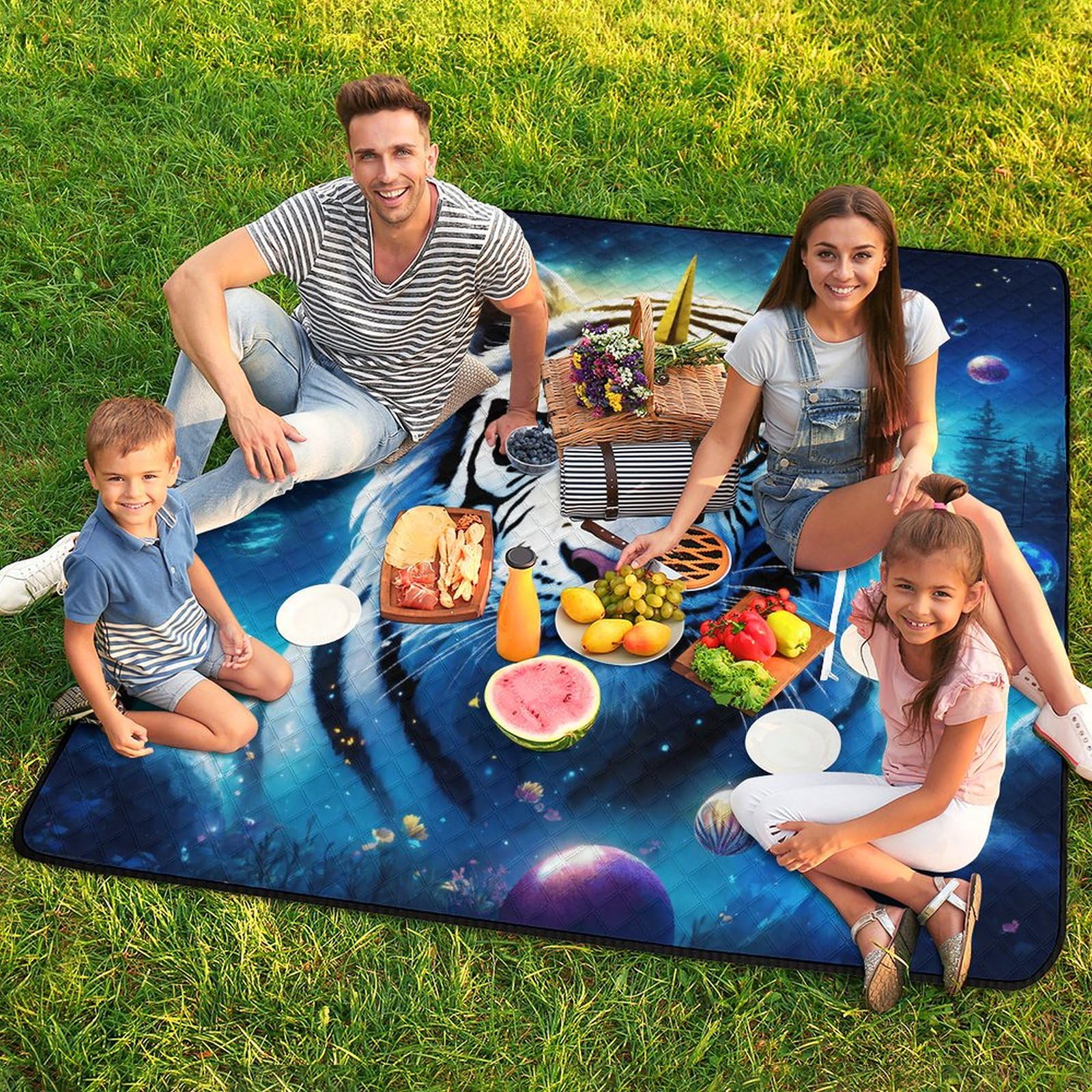 Nadruk 3D tygrys koc piknikowy zwierzęta duży koc piknikowy składany koc wodoodporny bardzo duży koc piknikowy dla rodziny, na plażę, piesze wycieczki, kemping 200 x 200 cm