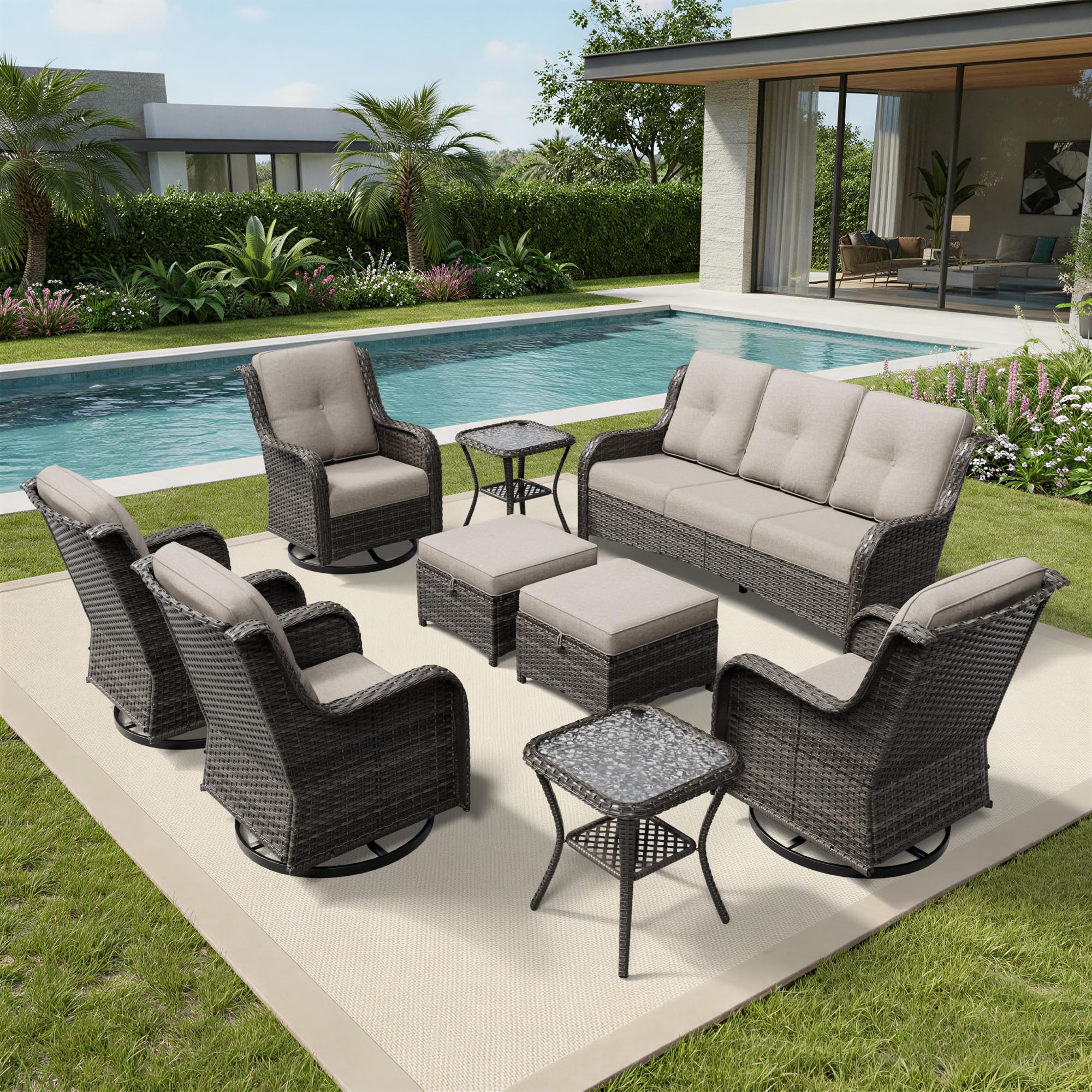 Joyside 9 Piece Wicker Patio Furniture Set, Outdoor Swivel Rocker Patio Chairs with High Back, Deep Seating, Wide Armrest, Thickened Cushions, Outdoor Furniture for Deck, Porch Use