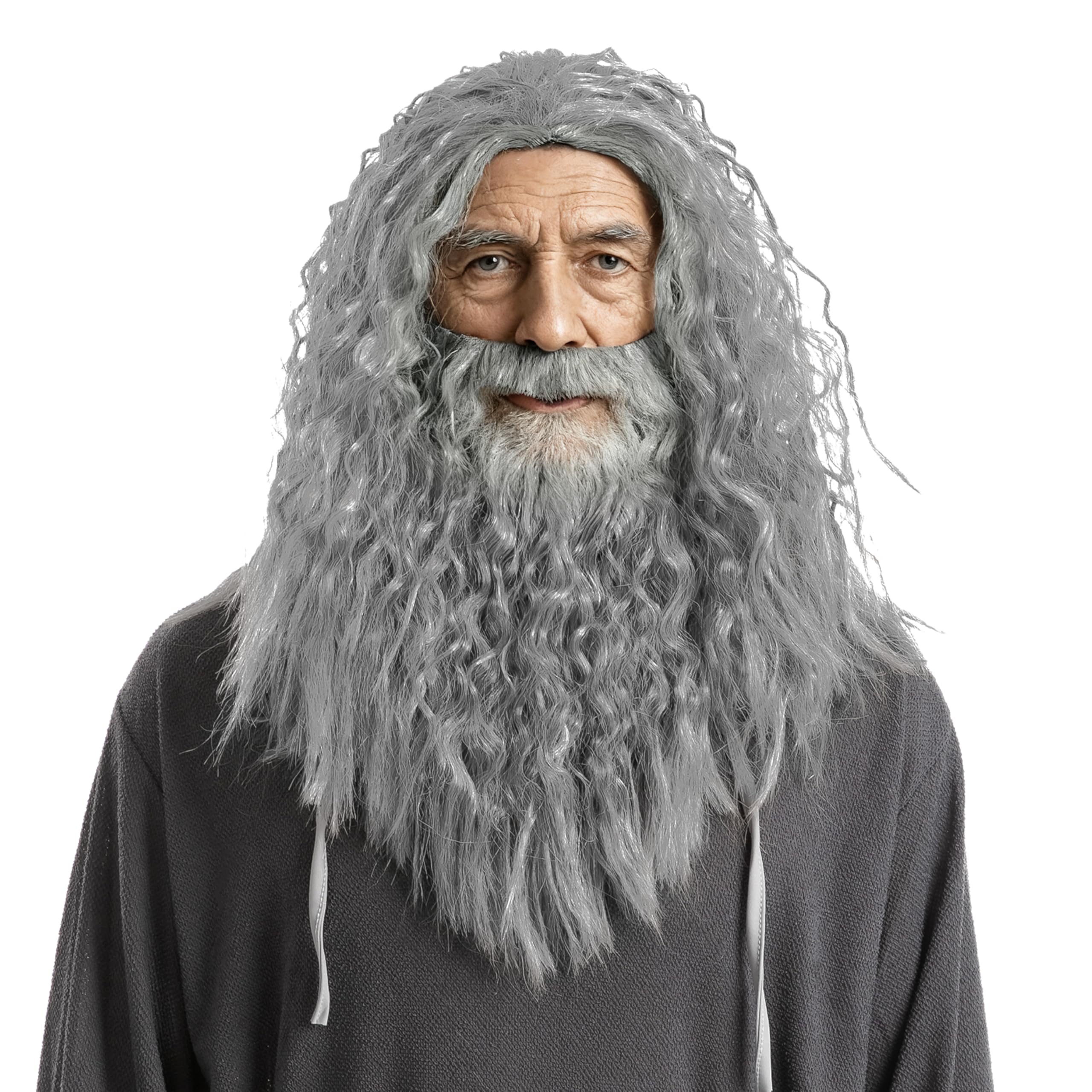 Spooktacular Creations Halloween Grey Wizard Wig and Beard, Wizard Curly Wig with Beard, Long Gray Funny Father Time Costume Accessory for Men for Adults Cosplay Party Christmas Accessories