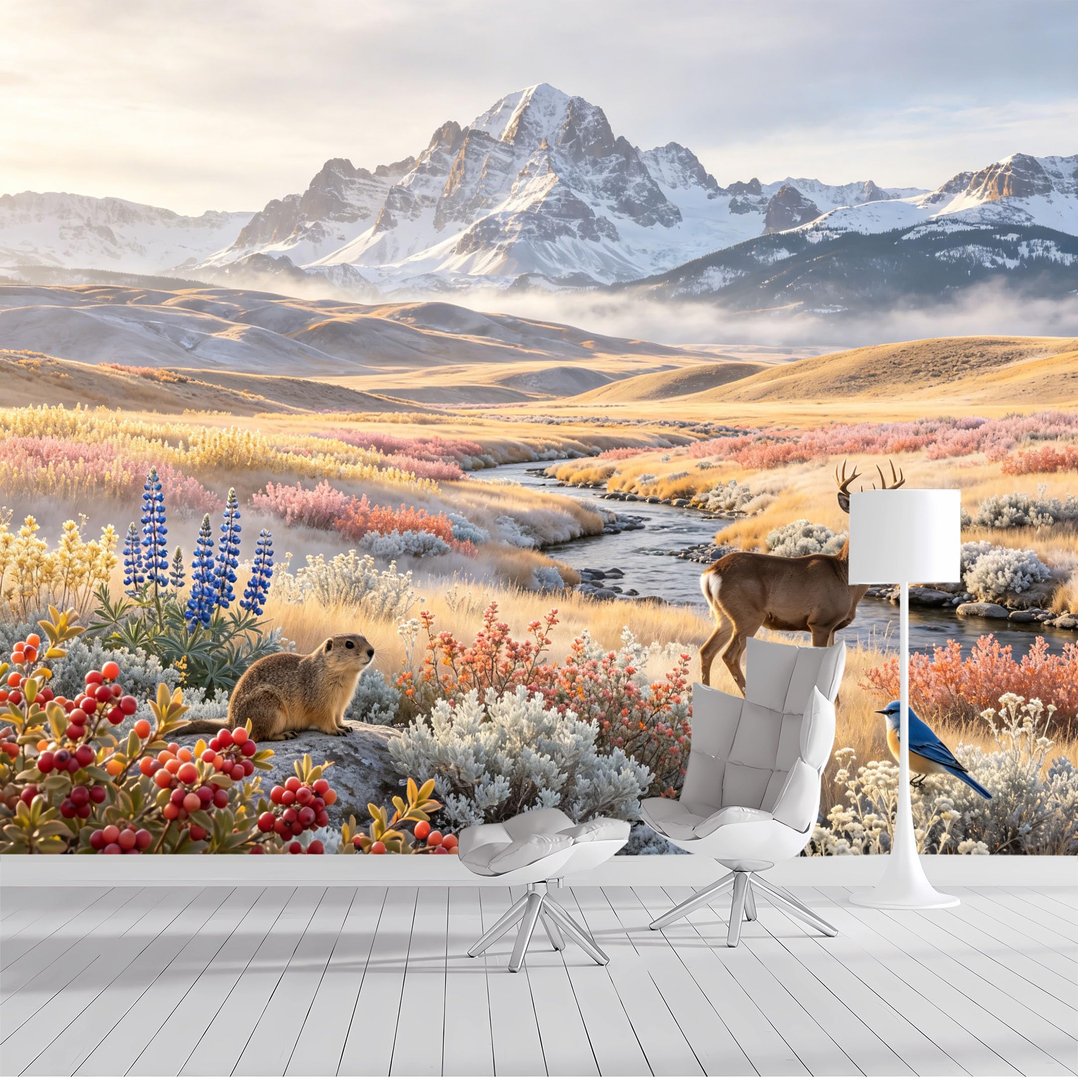 Custom Size Wall Mural Majestic Snowy Mountain Landscape Wildlife Deer Bird Floral Meadow River Forest Panoramic Nature Scene SelfAdhesive Wall Fabric Removable Wallpaper for Living Room