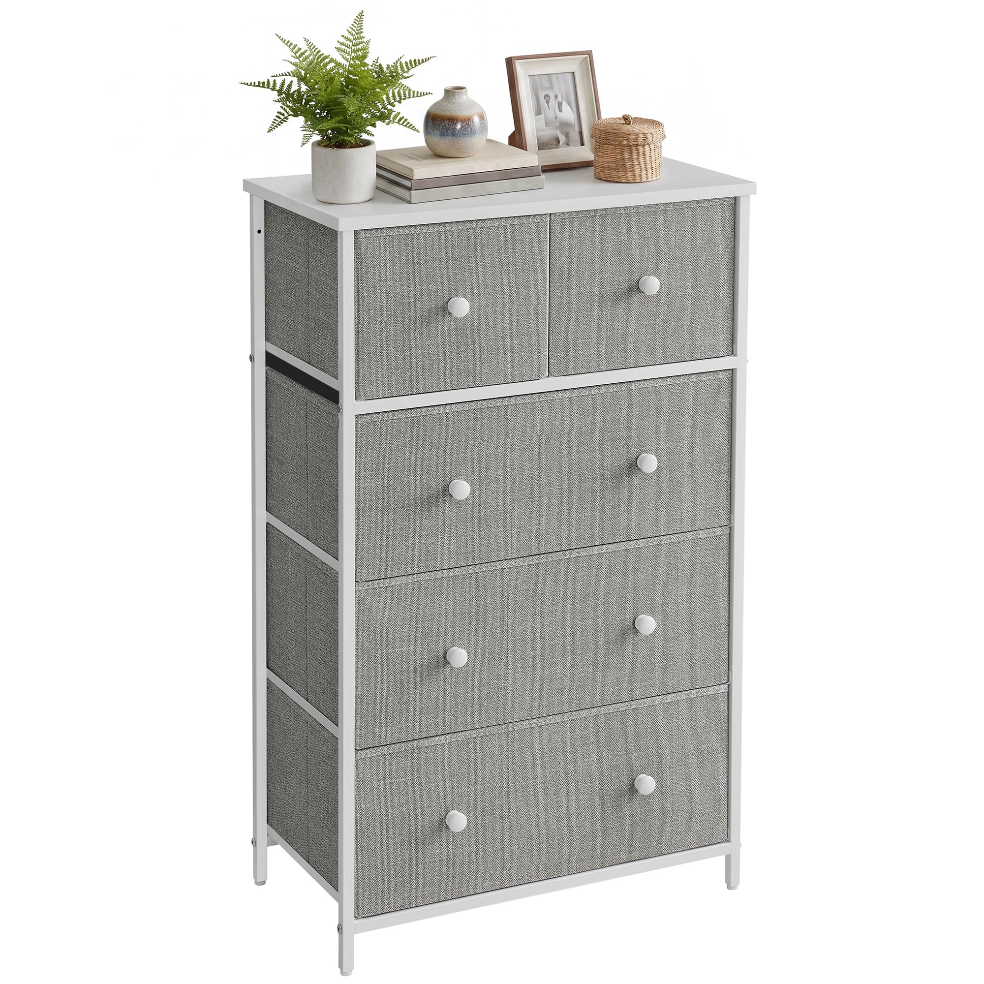 SONGMICS Chest of Drawers, Fabric 5-Drawer Storage Organiser Unit, Dresser, for Living Room, Hallway, Nursery, Light Grey and White LTS514L10