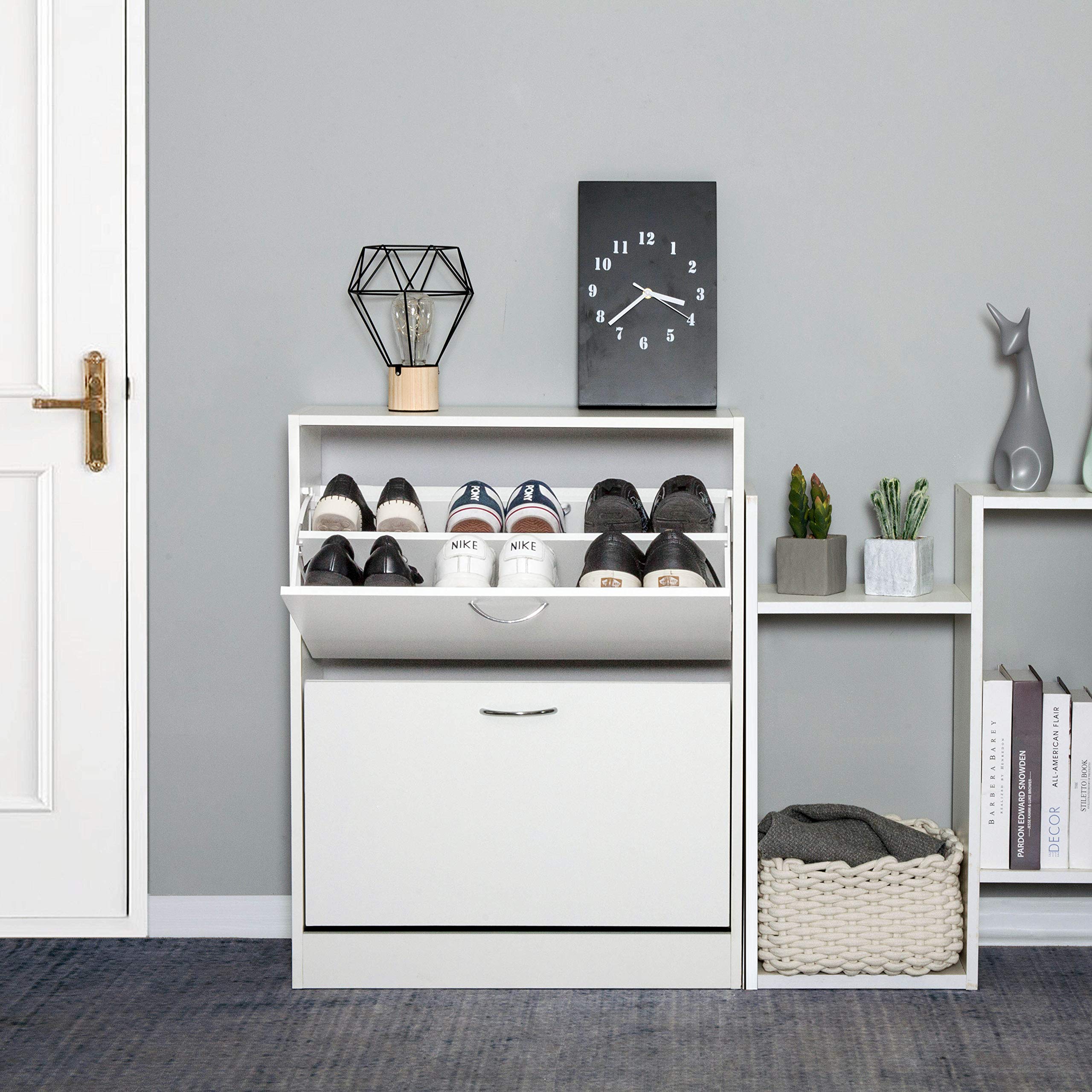 Meerveil Schuhschrank, Schuhkipper mit 2 Klappen aus E1 Holzspanplatten, Pflegearme Melaminbeschichtung B63 x H81 x T24 (Weiß)