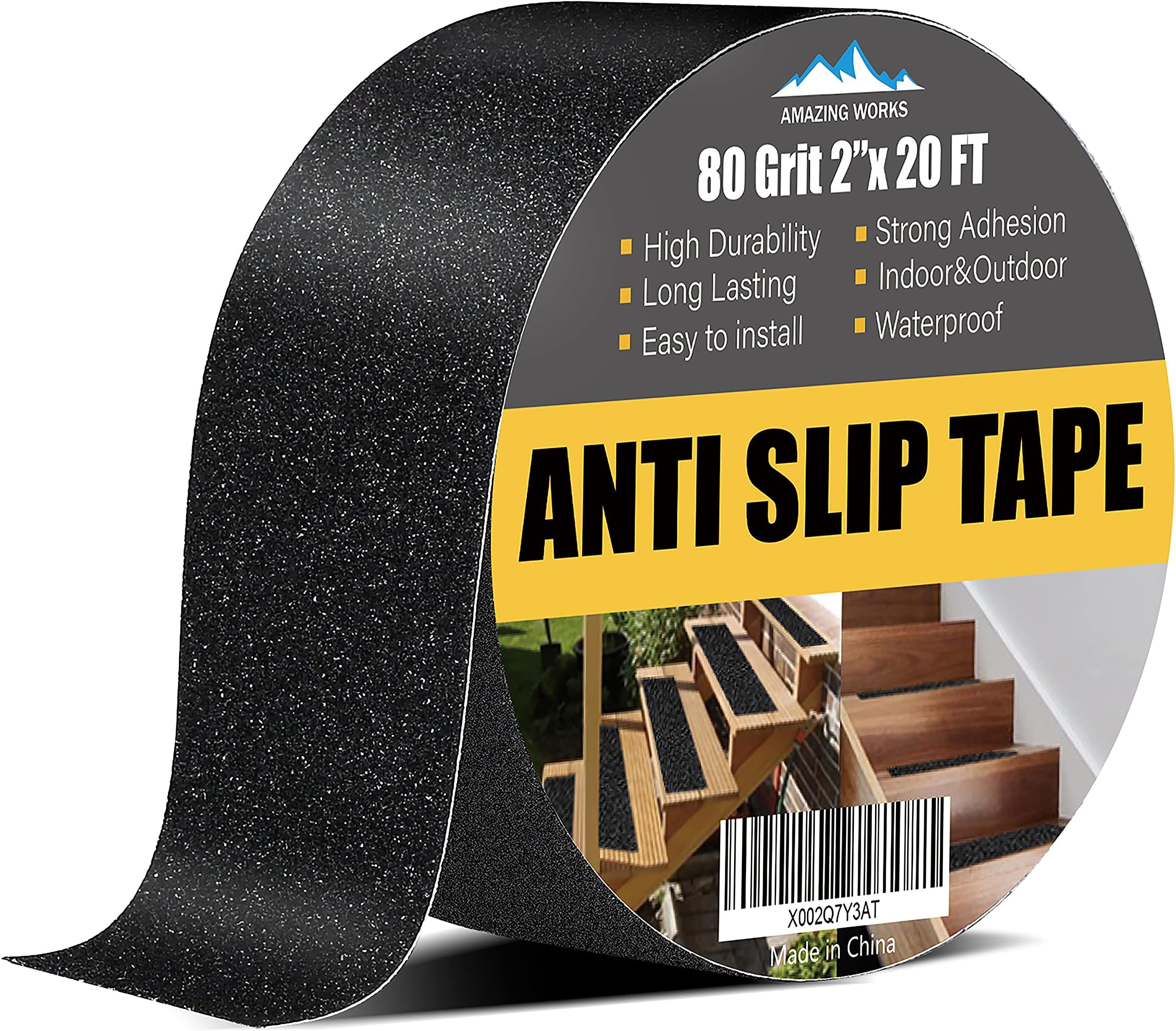 Amazing Works Grip Tape - Heavy Duty Non Skid Tape High Traction 80 Grit Non Slip for Stairs Outdoor/Indoor, Waterproof Stairs Non Skid Treads, Durable Triple Layer Adhesive 2 Inch x 20 Ft - Black