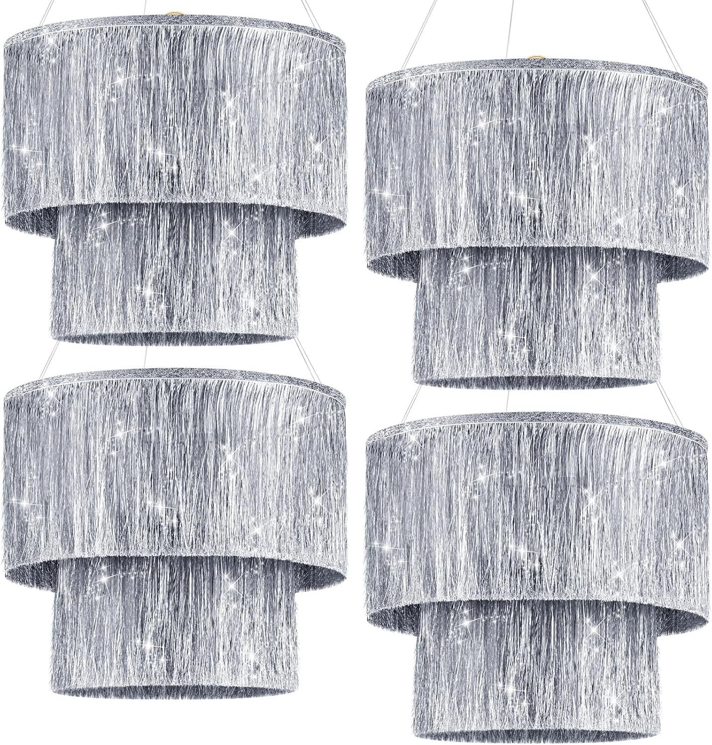 4 Pcs 2 Tier Fringe Tinsel Chandelier Iridescent Foil Party Disco Ball Decor Chandelier Decoration Metallic Foil Shimmering Bachelorette Party Decor Photo Booth Supplies (Silver) Silver 4