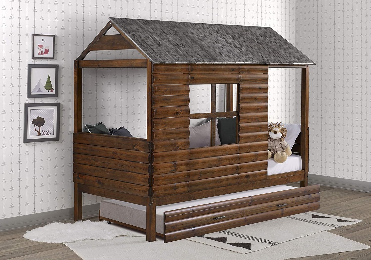 Donco Kids Twin Log Cabin Low Loft w/Twin Trundle, Rustic Walnut, Double