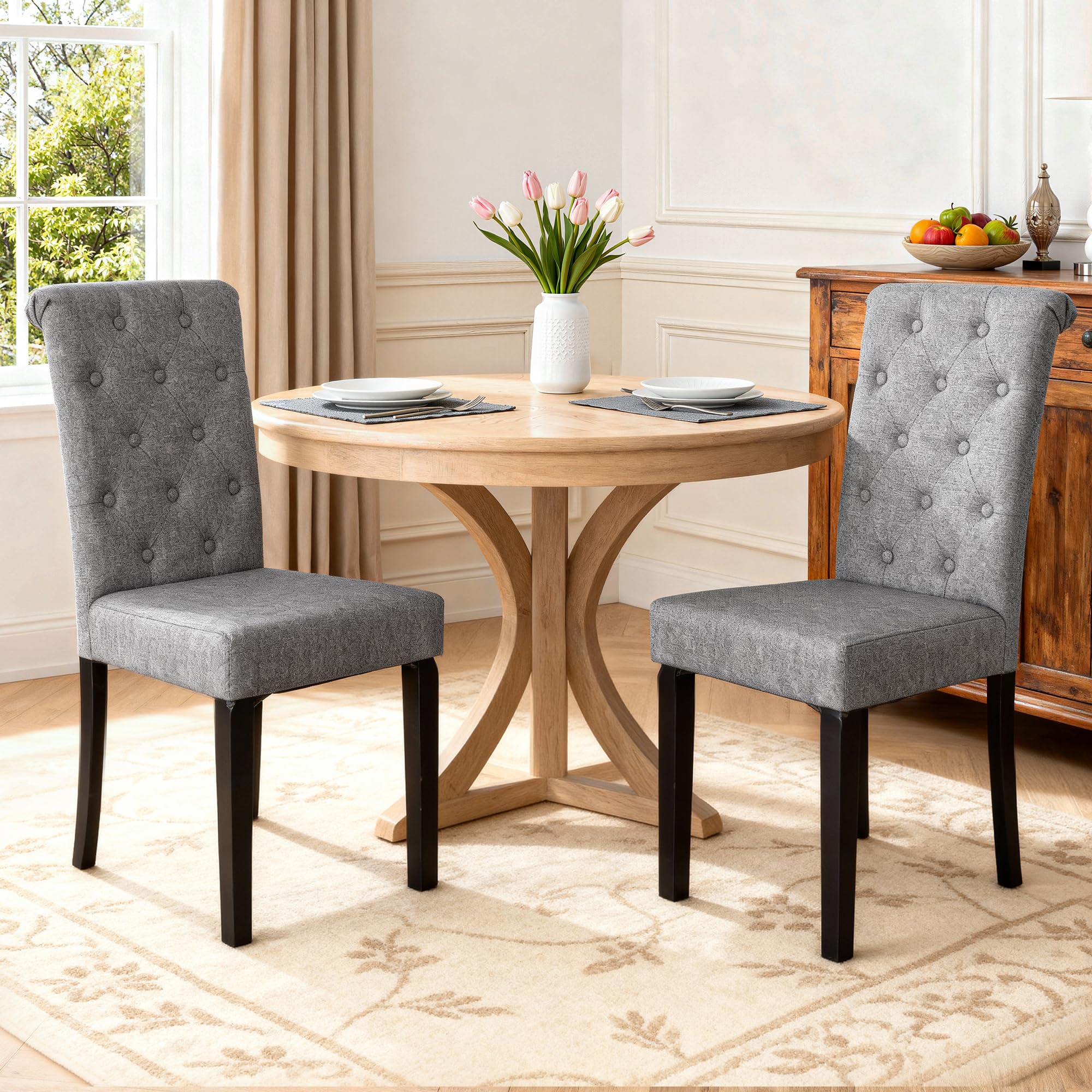 BonVache Esszimmerstühle 2er Set, Küchenstuhl Polsterstuhl mit hoher Rückenlehne, Beine aus Massivholz, Leinenoptik Gepolsterte Sitzfläche für Esszimmer, Wohnzimmer, Arbeitszimmer, Dunkelgrau