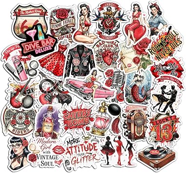 31 PCS Rockabilly Stickers Pack Pin Up Girls Vintage 1950s Retro Rose Tattoo Style Waterproof Vinyl Decals Rock N Roll Guitar Music Laptop Water Bottle Phone Case Women Aesthetic Gifts