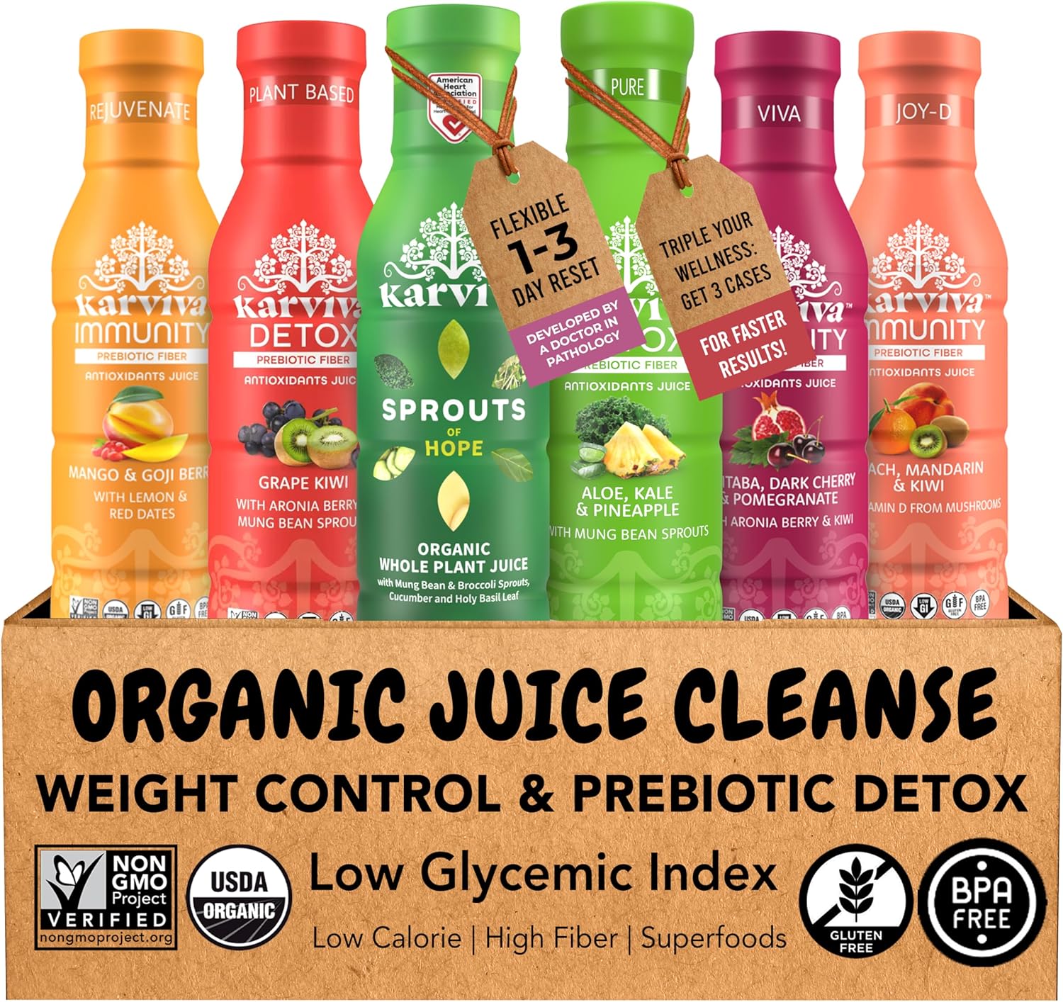 Karviva Organic Juice Cleanse Weight Control Pack – Prebiotic Detox with Sprouts, Aloe, Berries & Adaptogens, Ancient Herbal Remedy for Digestion, Immunity, Liver & Thyroid Health (6 BPA & Toxin-Free
