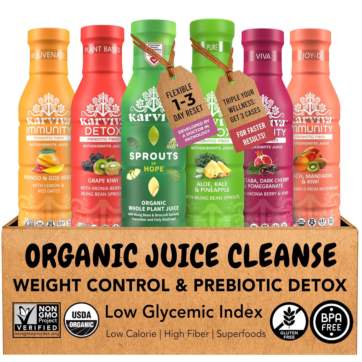 Karviva Organic Juice Cleanse Weight Control Pack with Prebiotic Detox, Sprouts, Aloe, Berries & Adaptogens for Digestion, Immunity, Liver & Thyroid Health, 6 BPA-Free Bottles, 12 oz Each - Amazon product rated Grade A