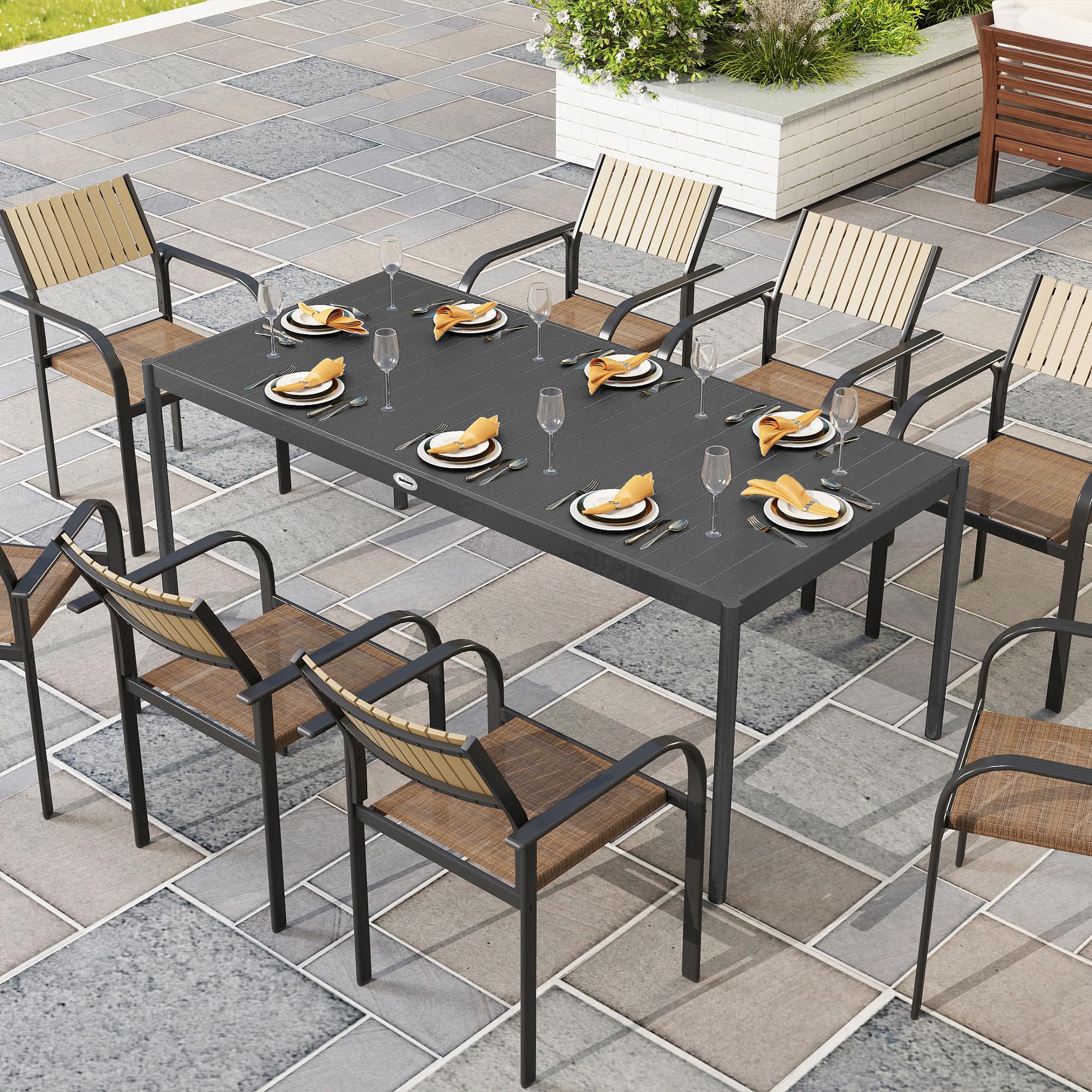 Outsunny Table à Manger de Jardin en Acier pour 8 Personnes, Plateau à Lattes Rectangulaire, Anti-Rouille, Gris Foncé