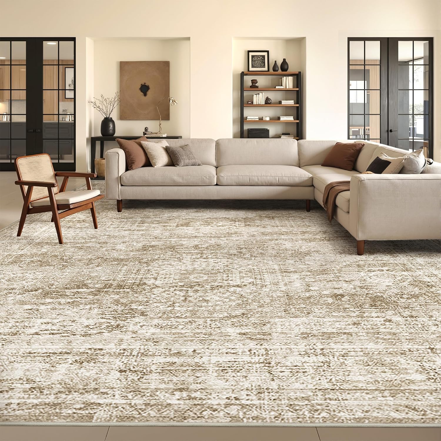 8x10 Area Rugs for Living Room, Non-Slip Backing Large Washable Rug for Nursery Room, Vintage Abstract Bedroom Rugs, Thin Indoor Home Decor Soft Farmhouse Rug (8'x10', Brown/Ivory)