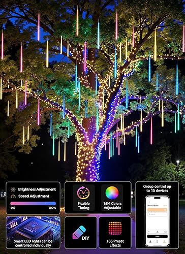 Miniatura 2 de Luces inteligentes de lluvia de meteoritos para exteriores, 16 tubos, 256 LED, 24.6 pies, cambio de color, luces de Navidad para exteriores y