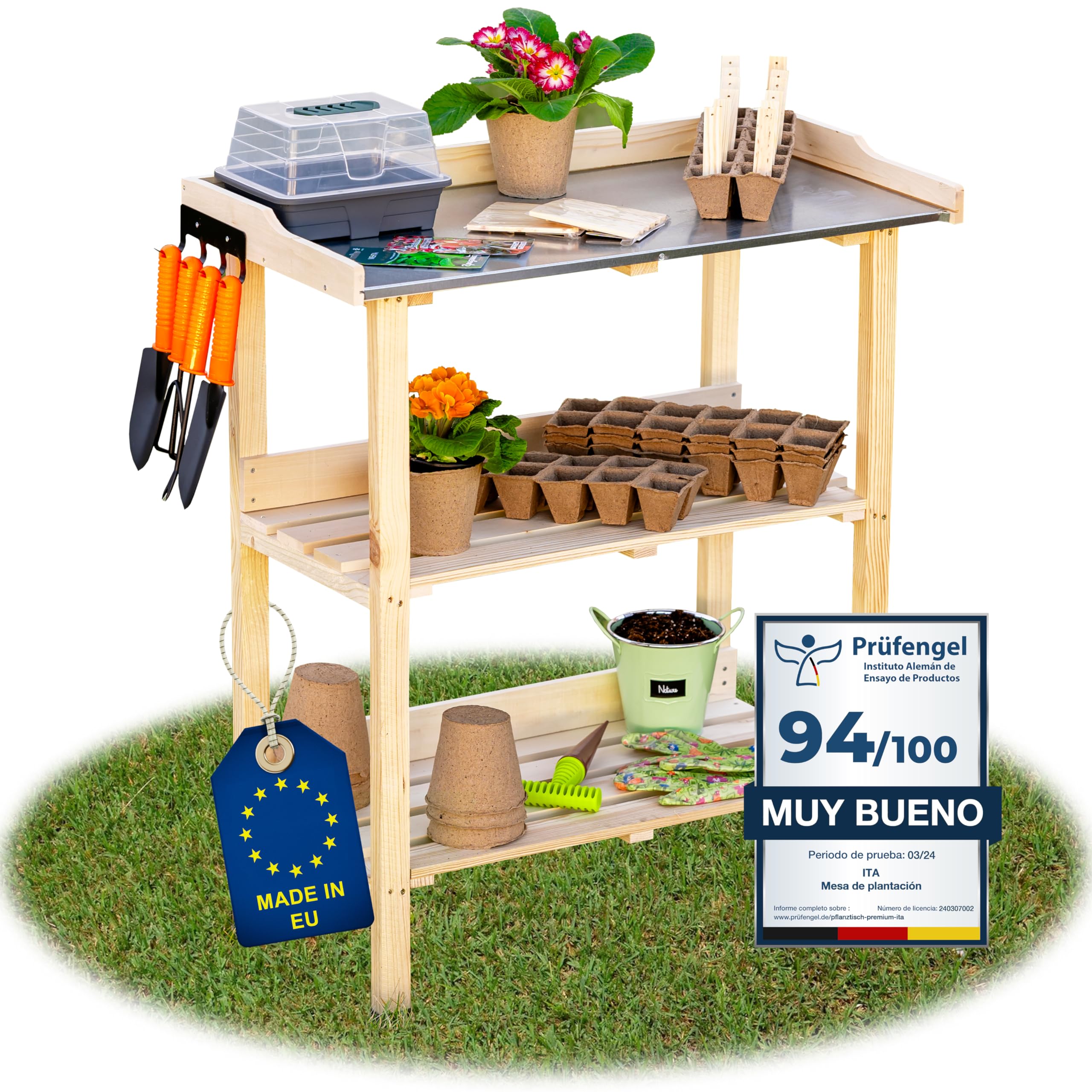 ITA Mesa de plantación de Madera 76x38x89 cm - con Superficie de Trabajo galvanizada y Estante Inferior - Mesa de jardín - Calidad Directa del Fabricante - estantería para Plantas, Color:Natural