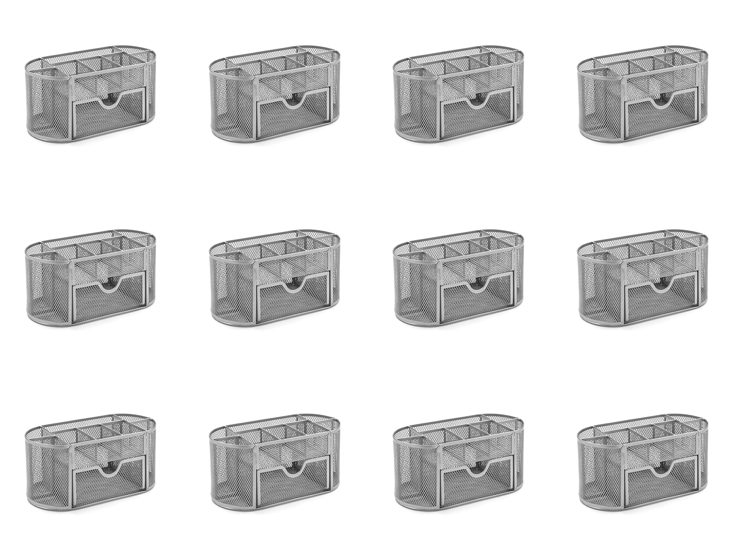 Osco Silver Wire-Mesh Desk Organiser With Drawer – 8 Compartment Metal Mesh Desk Tidy & Office Storage Pen Holder For Home, Office, Study, Rulers, Scissors, Smartphone – 12 Pack,