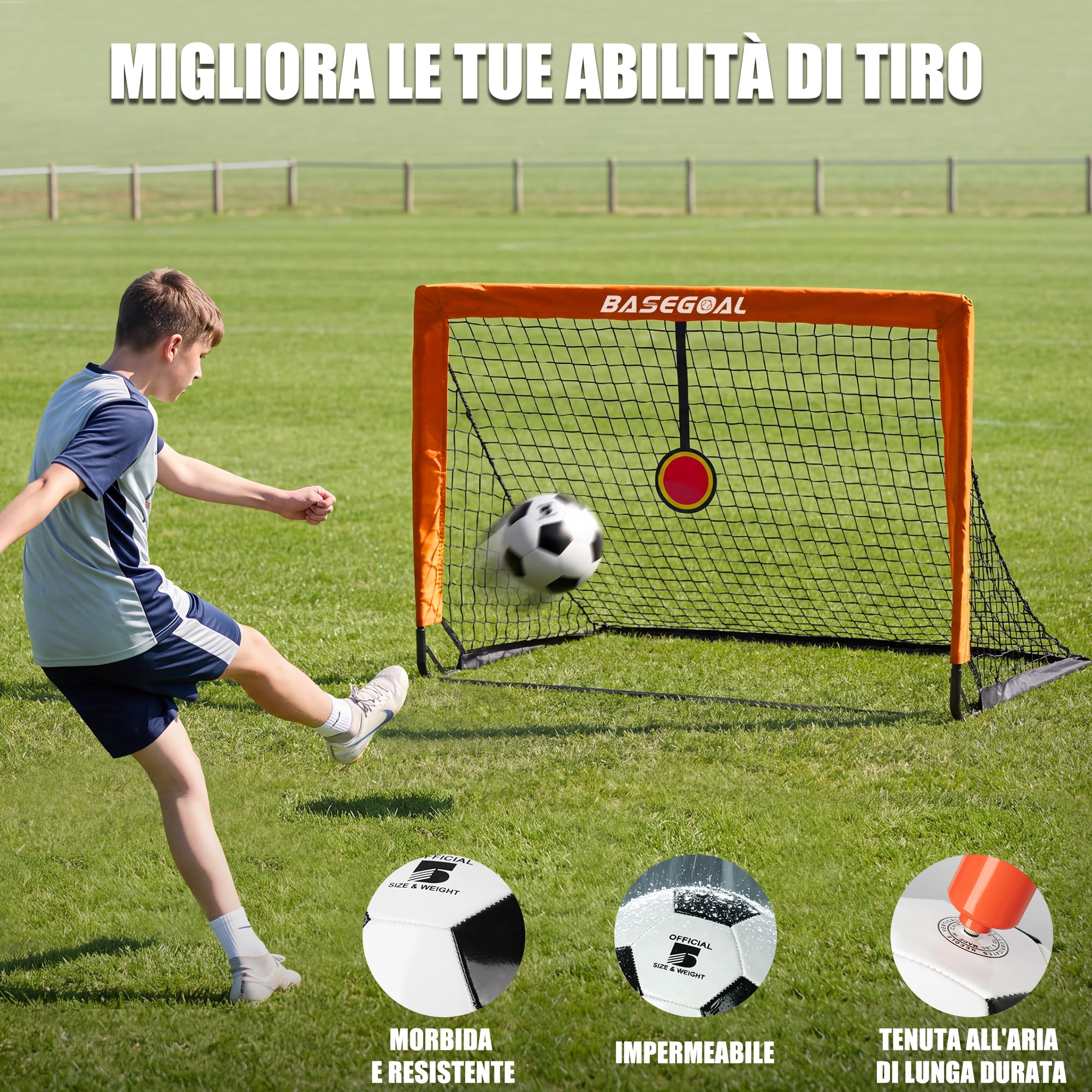 BaseGoal Set di 2 Porte da Calcio per Giardino 120x90cm con Calcio n. 5 | Porta da Calcio Adolescenti con Aste In Fibra di Vetro, Reti di Alta Qualità, Bersaglio, Coni da Calcio e Cono a Forma di U