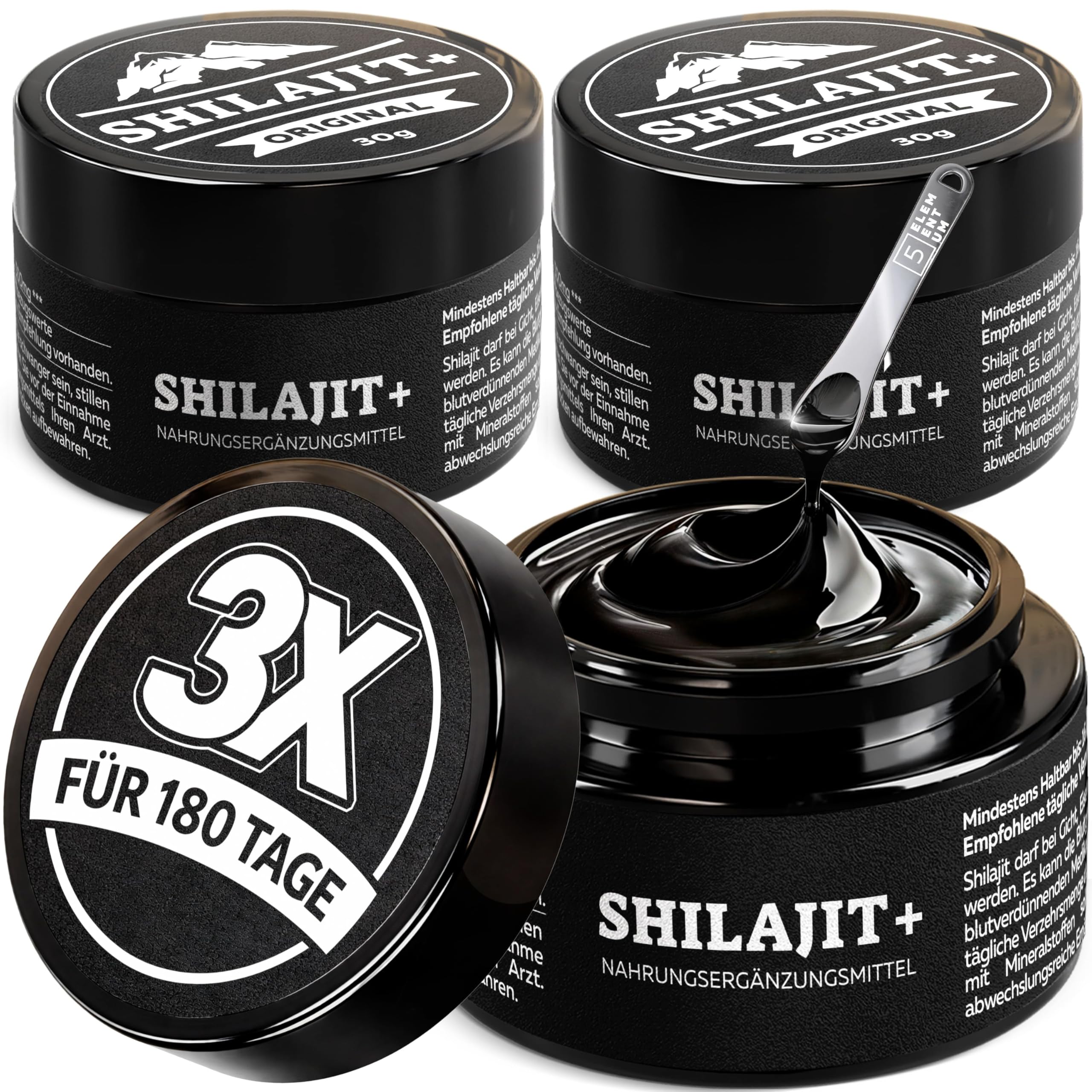 Shilajit Original Himalaya – 90g (3×30g) – 180 Tage Vorrat – Hochdosiertes Premium Shilajit – Handgeerntet inkl. 500mg Dosierlöffel – 3er Pack